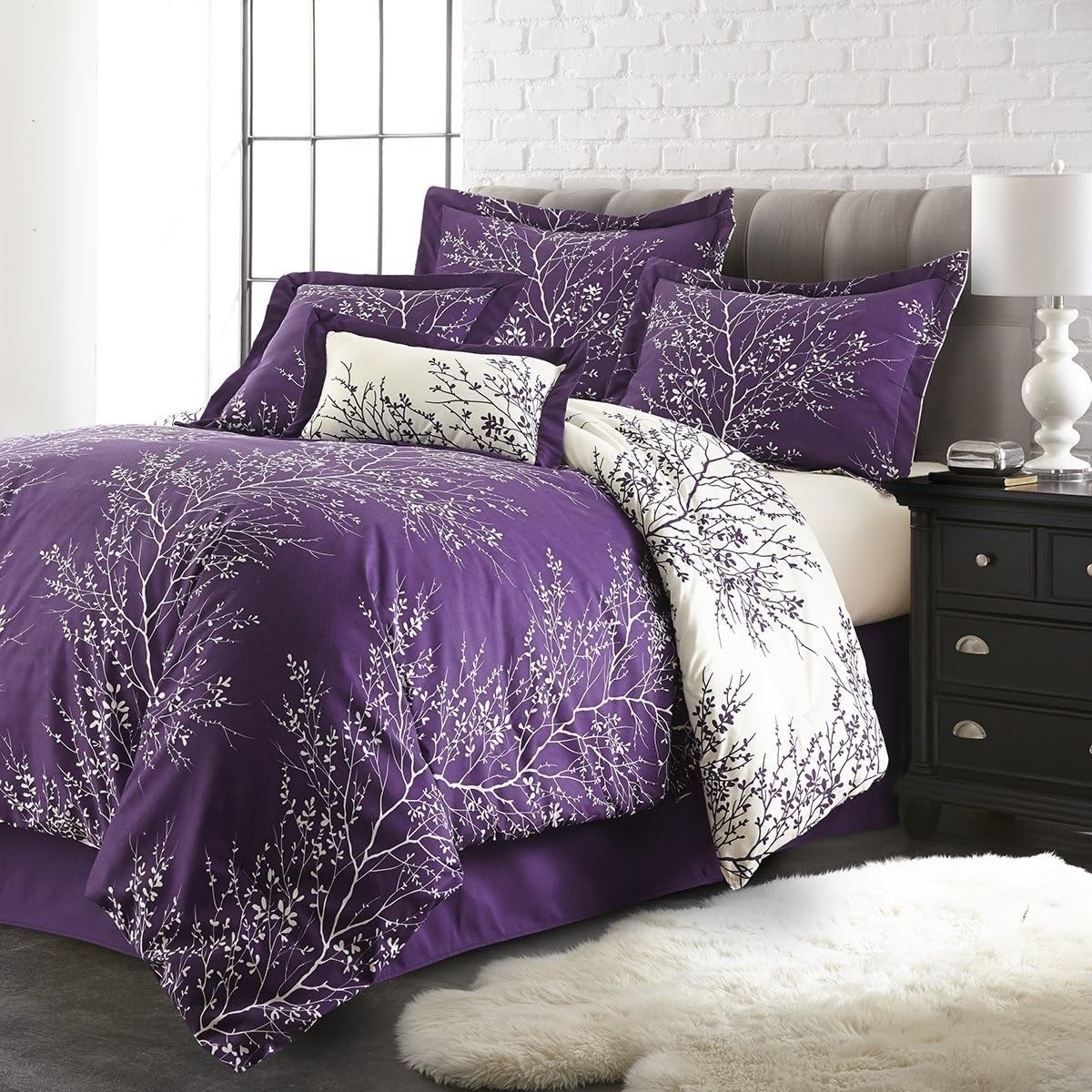 Spirit Linen - Queen Bed in a Bag, 6-Piece Oversized Reversible Bedding with Matching Shams & Bed Skirt, Elegant Home Decor for All Season (Foliage Purple/Ivory, Queen)