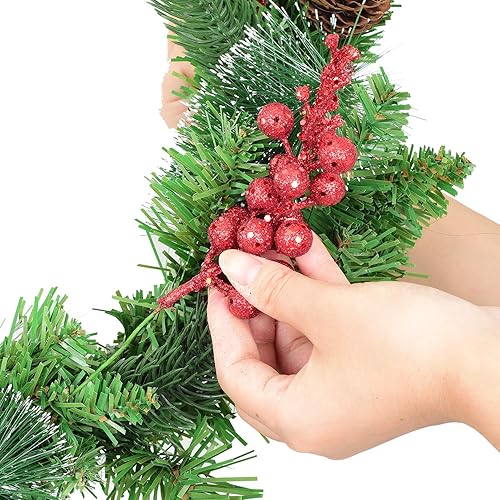 Miniatura 6 de Paquete de 14 tallos de bayas con purpurina navideña, púas navideñas artificiales de 7.8 pulgadas para adornos de árbol de Navidad, corona de