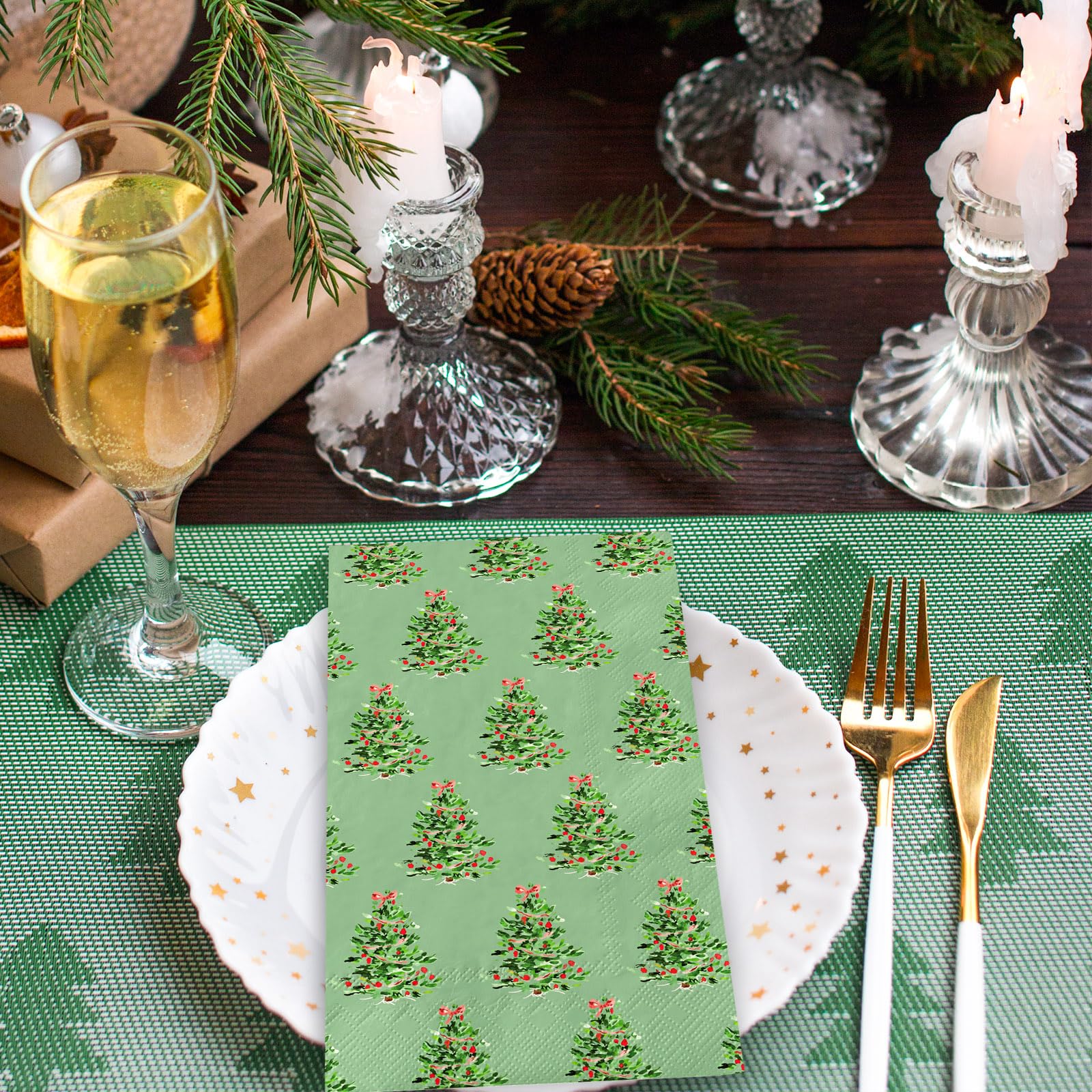 JarThenaAMCS 100 tovaglioli di carta per ospiti di Natale, colore rosa, verde, con albero di Natale, usa e getta, per la cena, per il bagno, le vacanze, le feste, la tavola