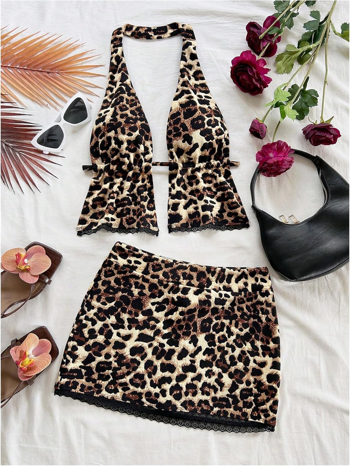 SHENHE Women's Leopard Print Halter Top Y2K Mini Skirt Set Sexy Lace Trim 2 Piece Outfits - Image 3