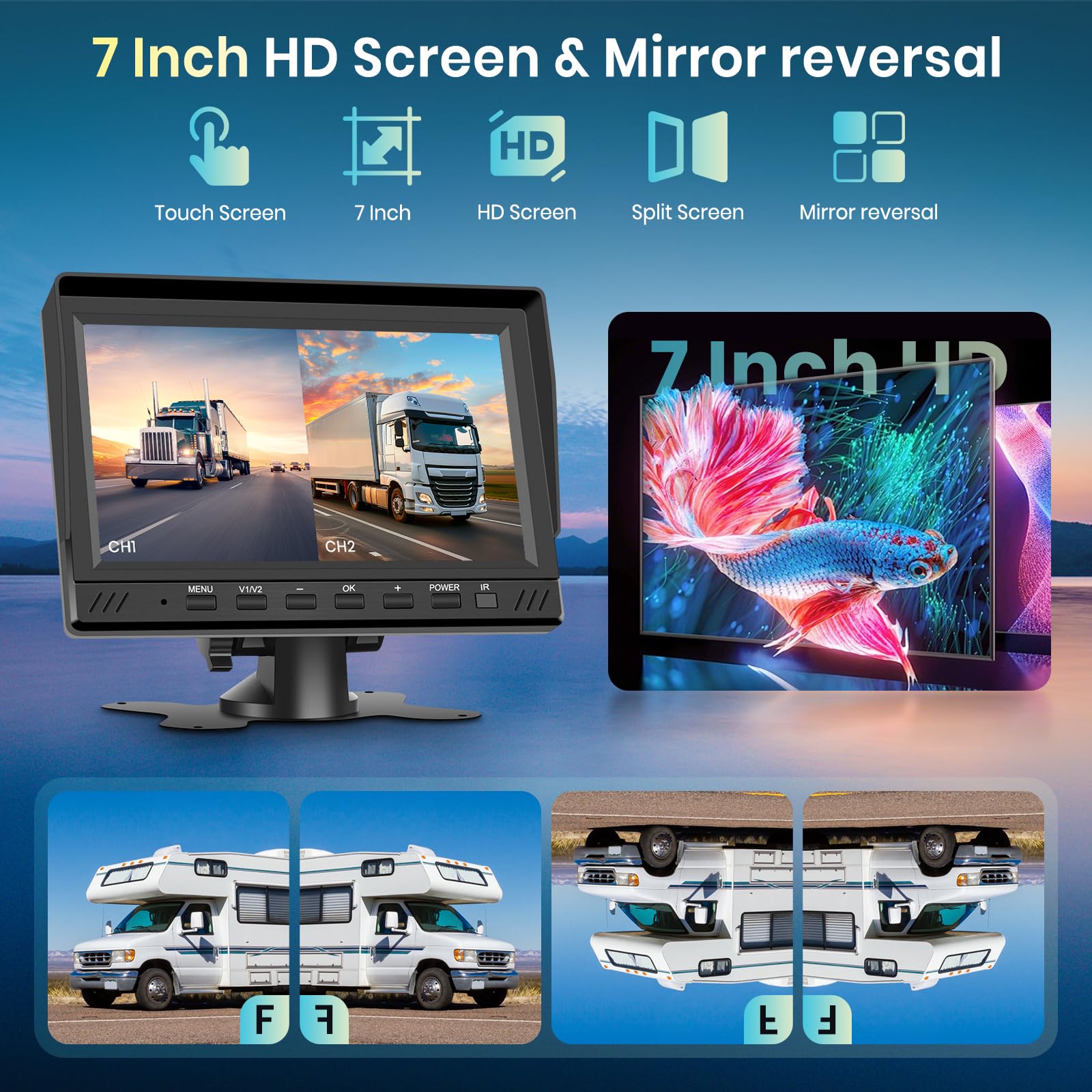 Hodozzy Rear Camera Set, 2 Cameras, Digital, Wireless, 7 Inch IPS Display, Monitor, Waterproof, Infrared LED Night Vision, Dual Rear Camera, Wireless Support, Loop Recording
