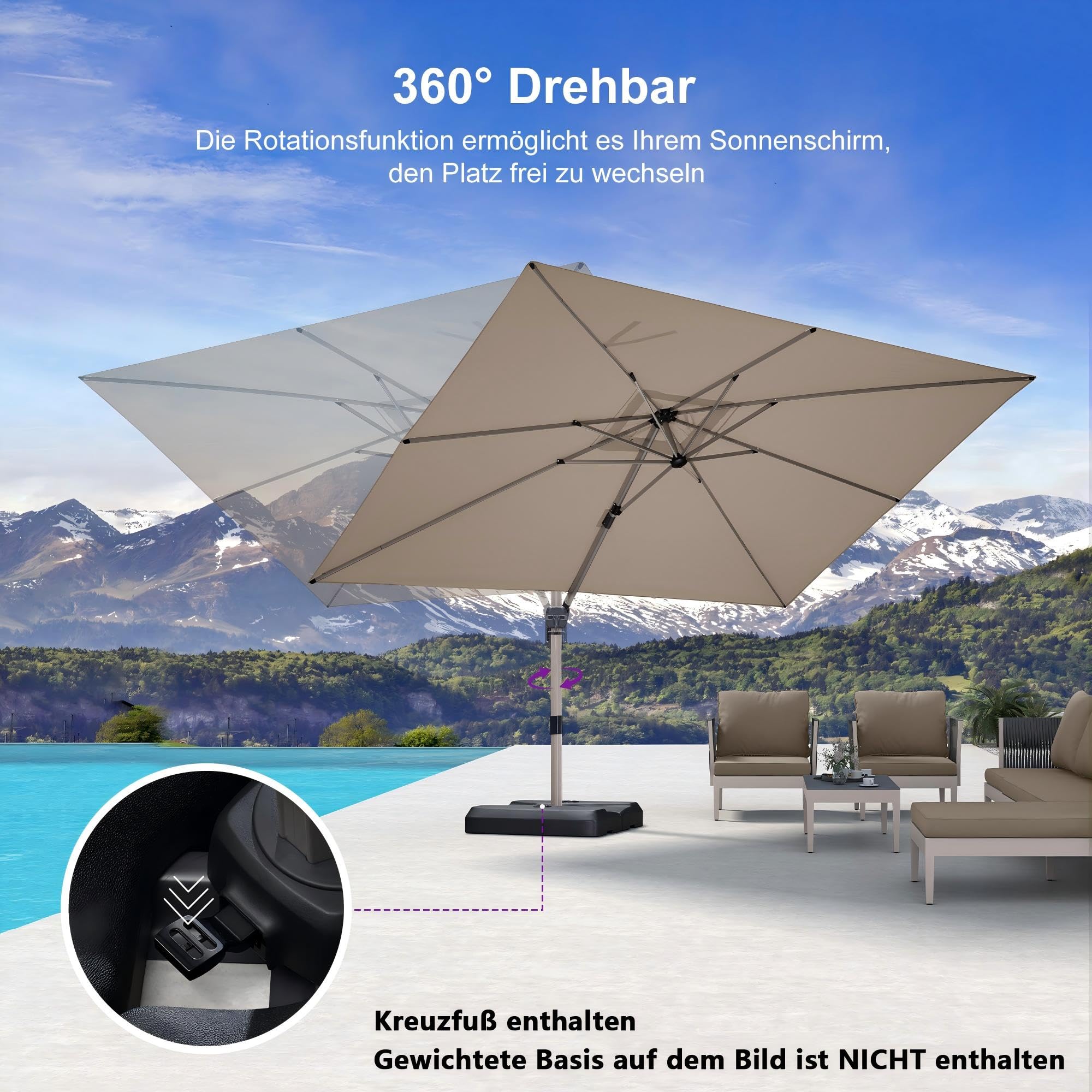 PURPLE LEAF Sonnenschirm 270 × 350 cm Champagnerframe Antirutschgriff Taupe | Ampelschirm Rechteckig, 8 Rippen & Dreieckskonstruktion, Stabil, Robust, 360° Flexibilität, Mehrfach Verstellbar, Komfortable