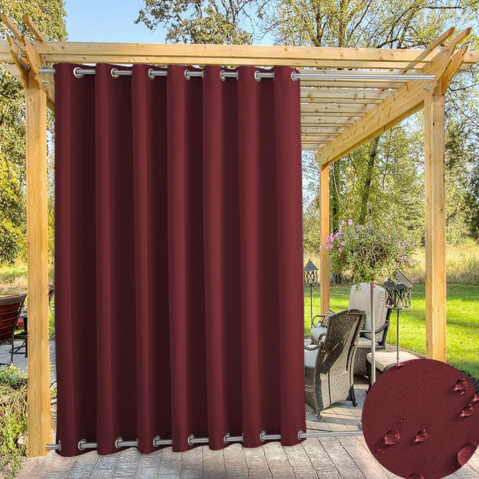 TECDOTO Waterproof Outdoor Curtain for Garden Patio Gazebo Curtains, Thermal Insulated Blackout Curtains with Grommet (Top and Bottom),Sun Blocking Curtains for Indoor |1 Panel, Red,W72''*H88'' — image 1