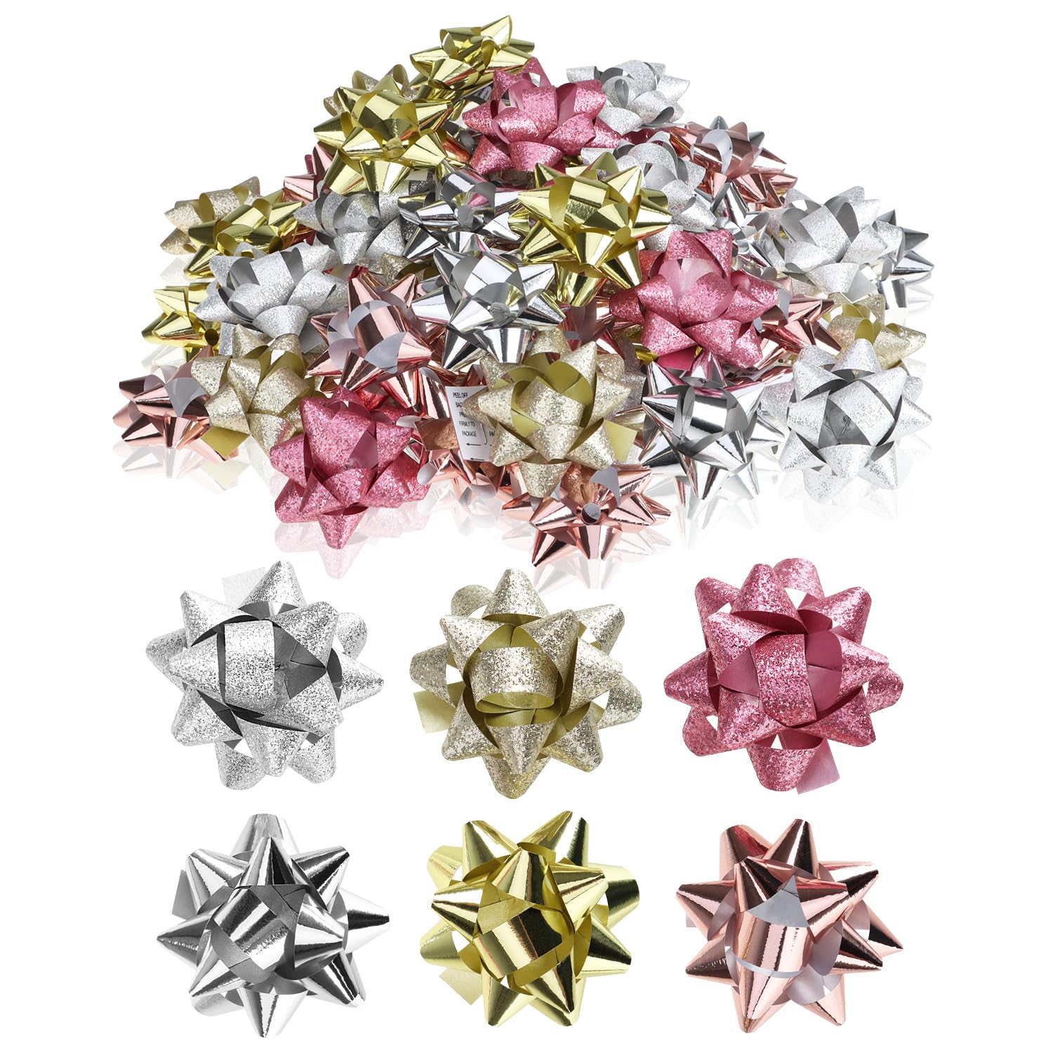 Wilhelm Sell® 60x Geschenkschleife selbstklebend - 5 x 2 cm Bunte Schleifen für Geschenke - dekorative Fertigschleifen für Weihnachten, Geburtstage und Hochzeiten (silberfarben/goldfarben/rosé)