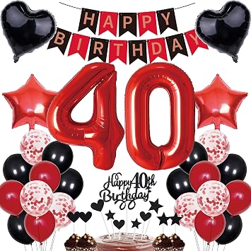 40th Birthday Decorations for Men and Women - Gift Cake Decoration Happy Birthday Banner Red/Black Decoration Set Number 40 Party Balloons