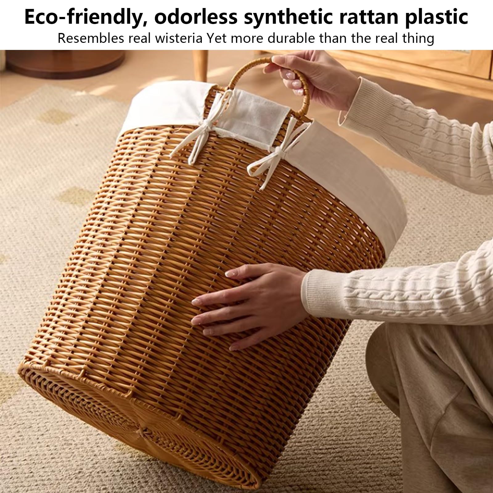 Imitat - Cesto portabiancheria portatile in rattan, 40,9 cm, con manici, ideale per bagno e camera da letto