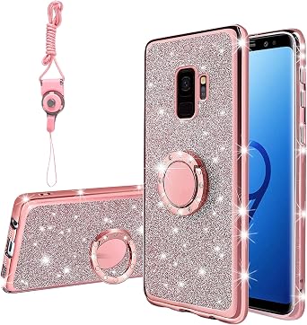for Samsung Galaxy S9 Case, Galaxy S9 Case for Women Glitter Crystal Soft Stylish Clear TPU Luxury Cute Protective Cover with Kickstand Strap for Samsung Galaxy S9 Case 2018 Glitter Rose