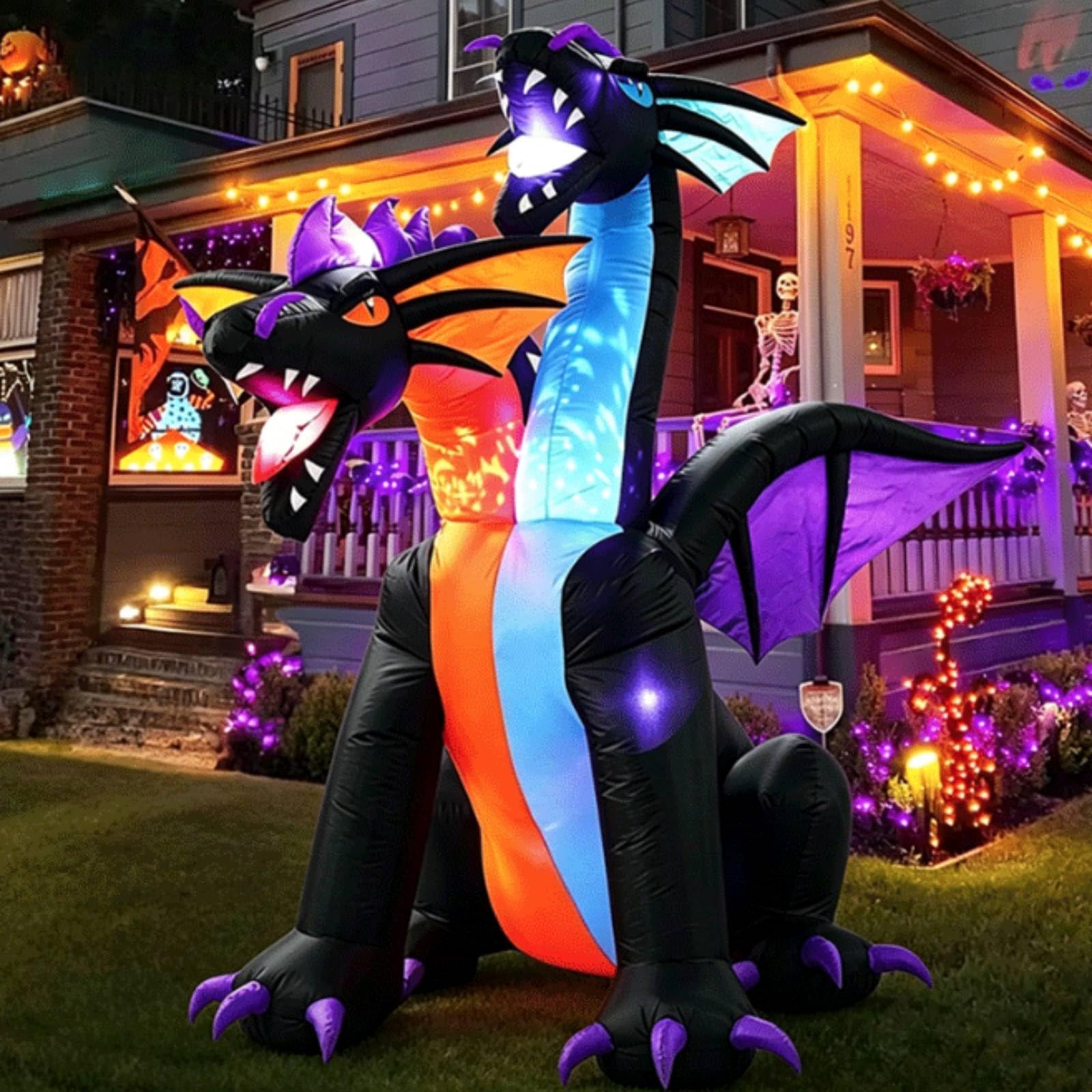 Outdoor Aufblasbare Deko Drachen Figur Luftfigur Gartenmotiv LED Beleuchtung Polyester Material mit Gebläse Und Heringen für Hof Dekoration Gartenparty Halloween
