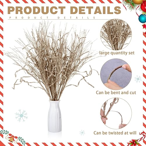 Miniatura 3 de Craftsatin 24 piezas de ramas rizadas para árbol de Navidad, Halloween, Navidad, ramas con purpurina, ramas con purpurina, arreglo floral con