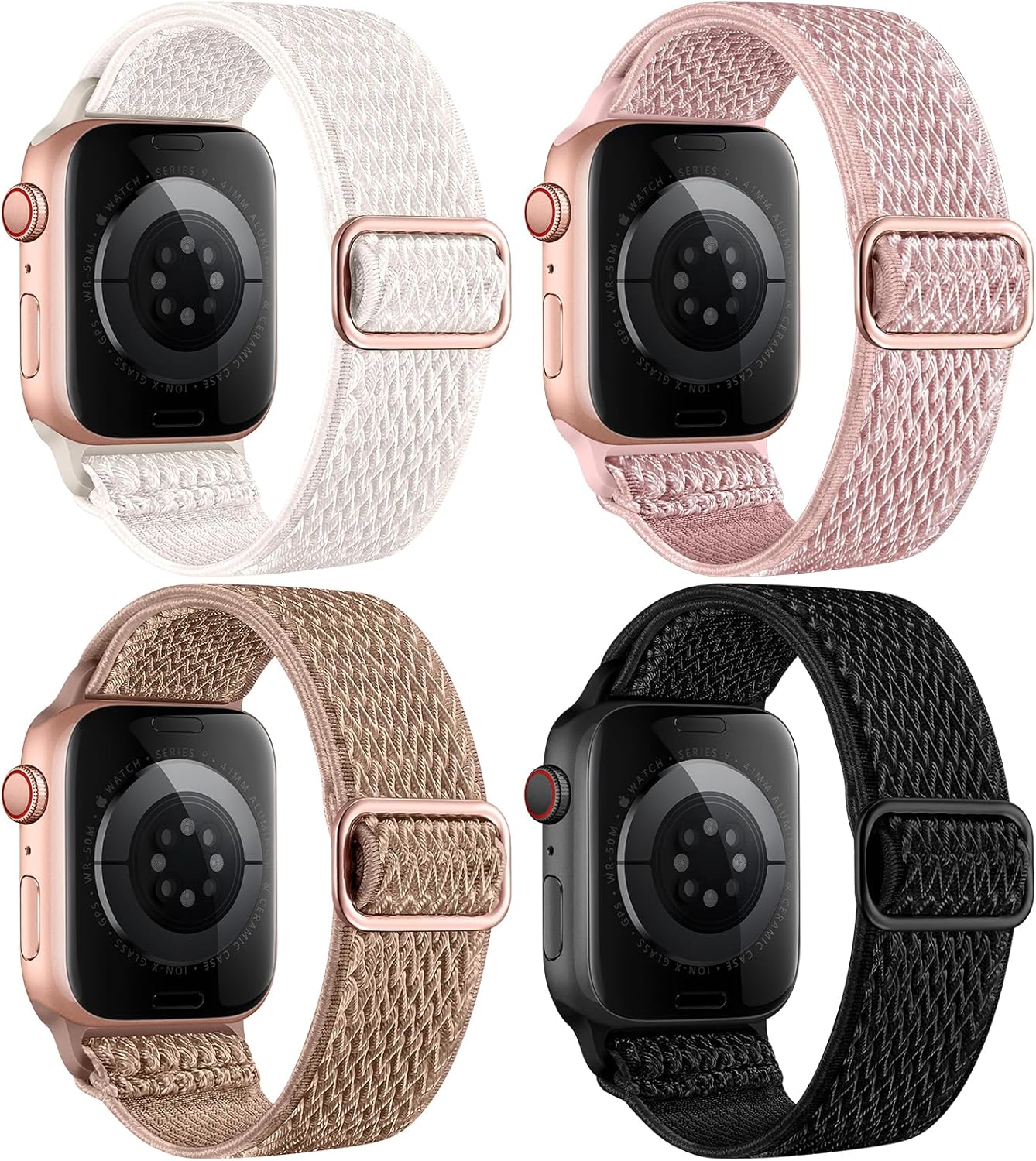 4 Pack Stretchy Nylon Band Compatible with Apple Watch Bands for Men Women 44mm 40mm 41mm 42mm 45mm 46mm 49mm 38mm, Braided Solo Loop Elastic Strap for iWatch Ultra 3 2 Series 11 10 9 8 7 6 5 4 SE 3