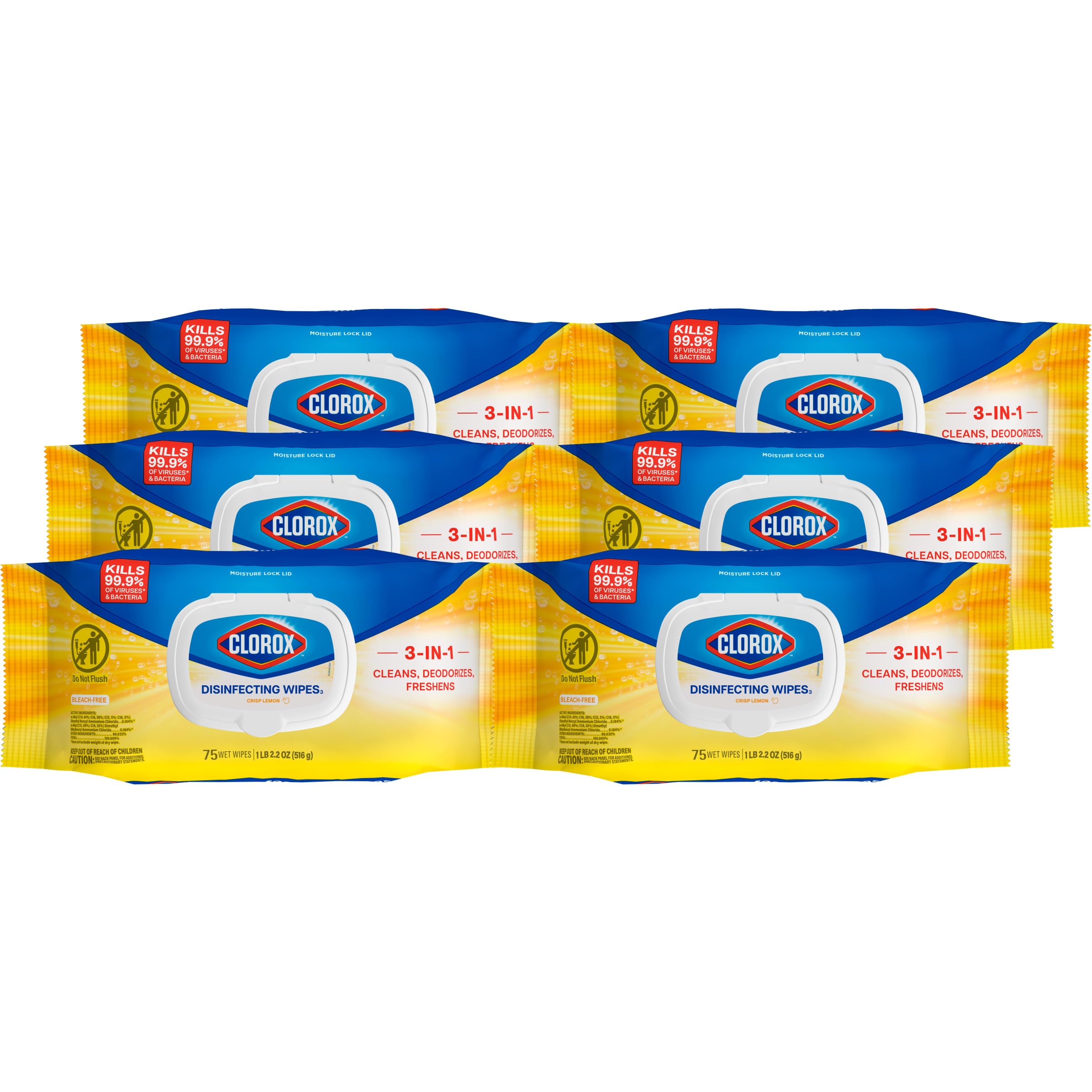 Clorox Disinfecting Cleaning Wipes Flex Pack, Bleach Free, Crisp Lemon, 75 Count (Pack May vary)