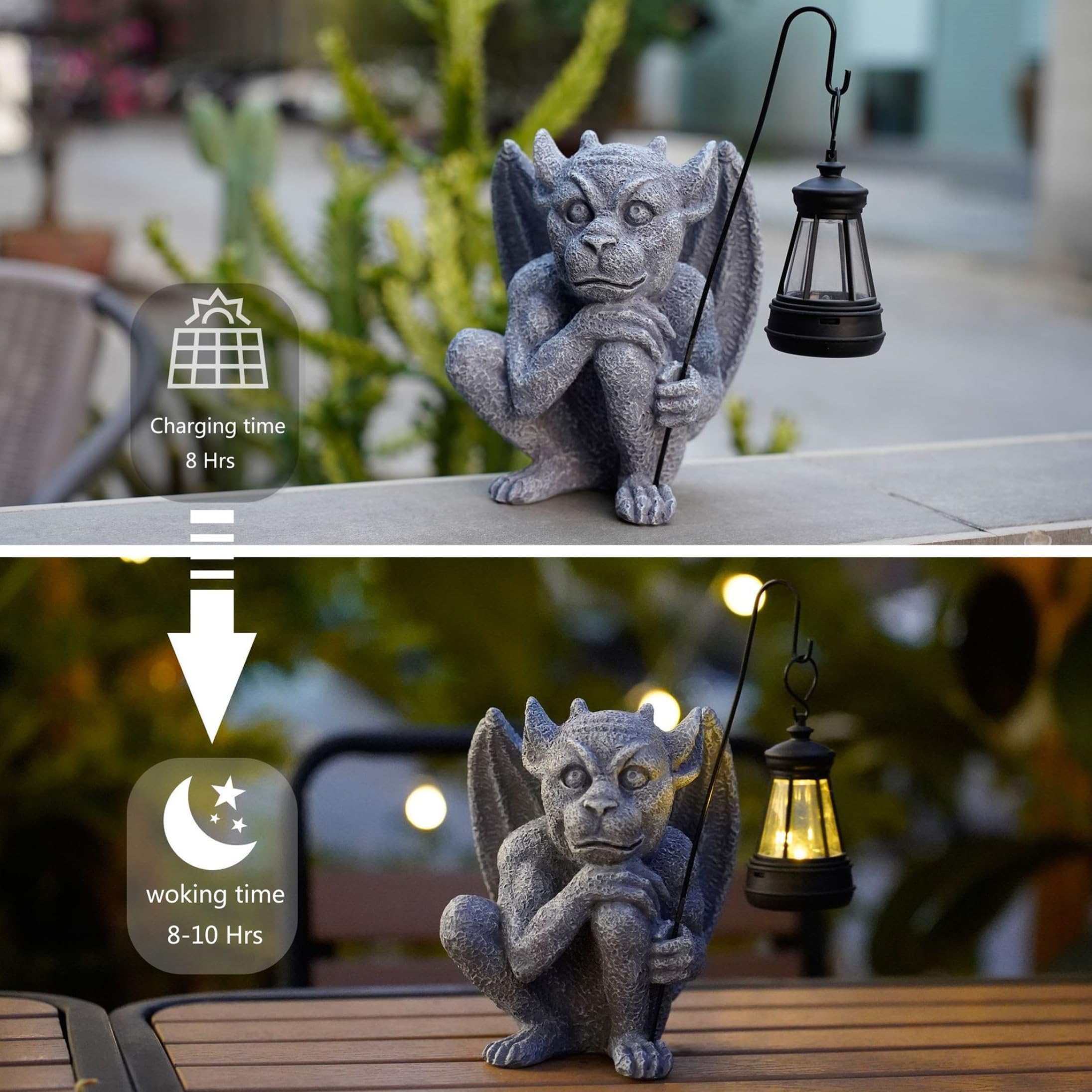 Statue da giardino solari, statue di gargoyle da esterno con LED bianco caldo, decorazioni di Halloween in resina per patio da giardino