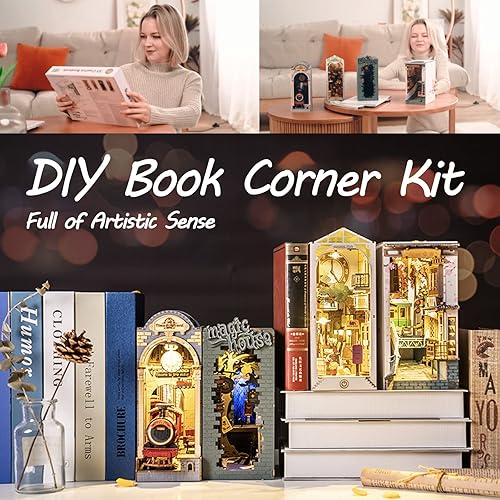 Miniatura 5 de Kit de rincón de libros de bricolaje estantería rompecabezas en miniatura 3D - Sujetalibros de madera para decoración de estante de la casa Modelo