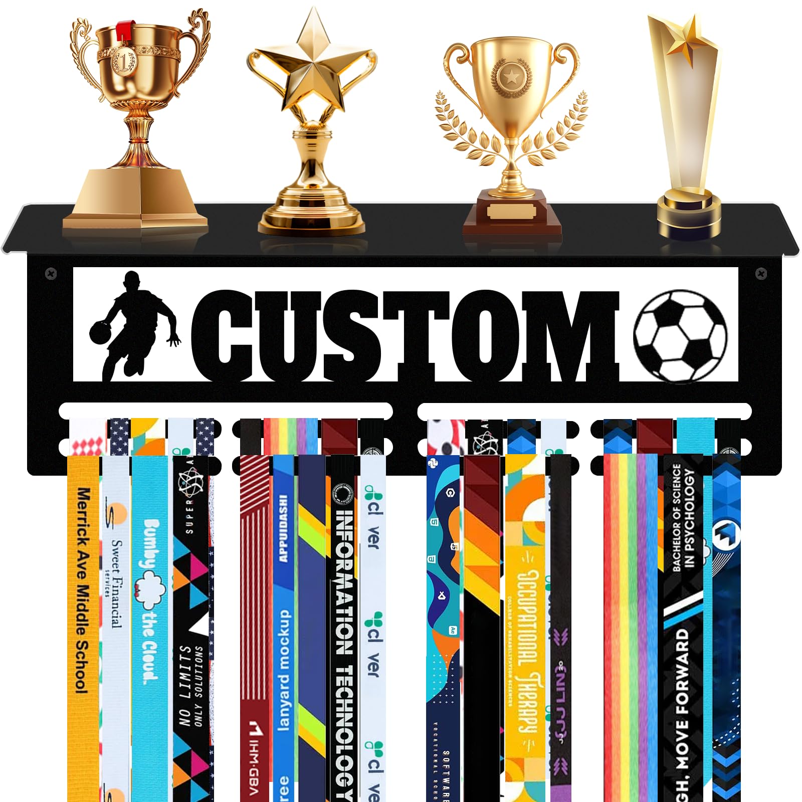 Perchero de medallas personalizado de acero, estante para premios y cintas, soporte de pared con diseño de nombre y deporte