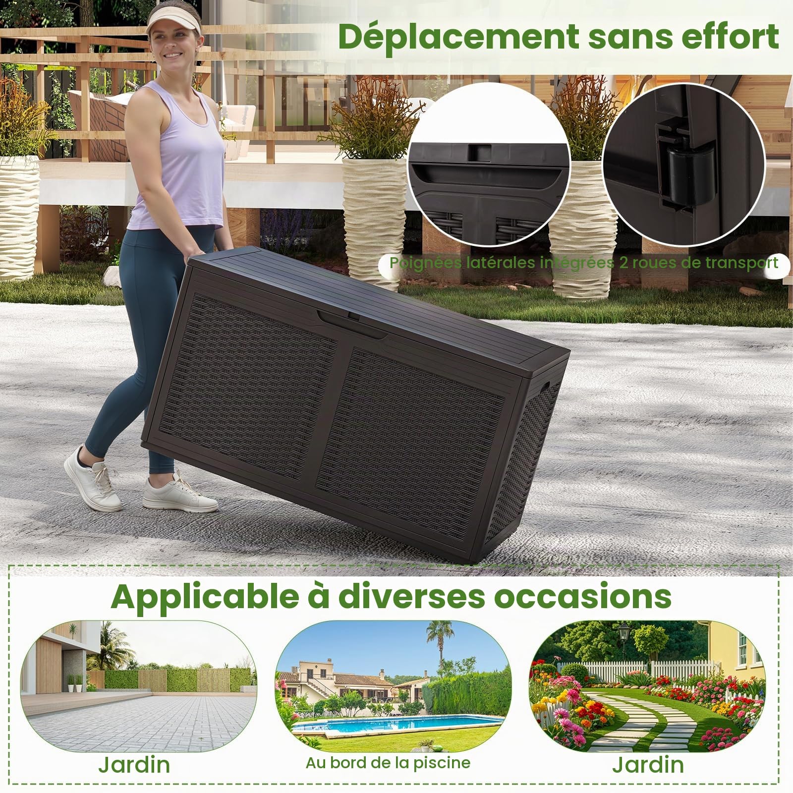 GIANTEX Coffre de Jardin Extérieur 380 L PP, Coffre de Rangement Étanche avec Couvercle, 2 Roulettes, Marron