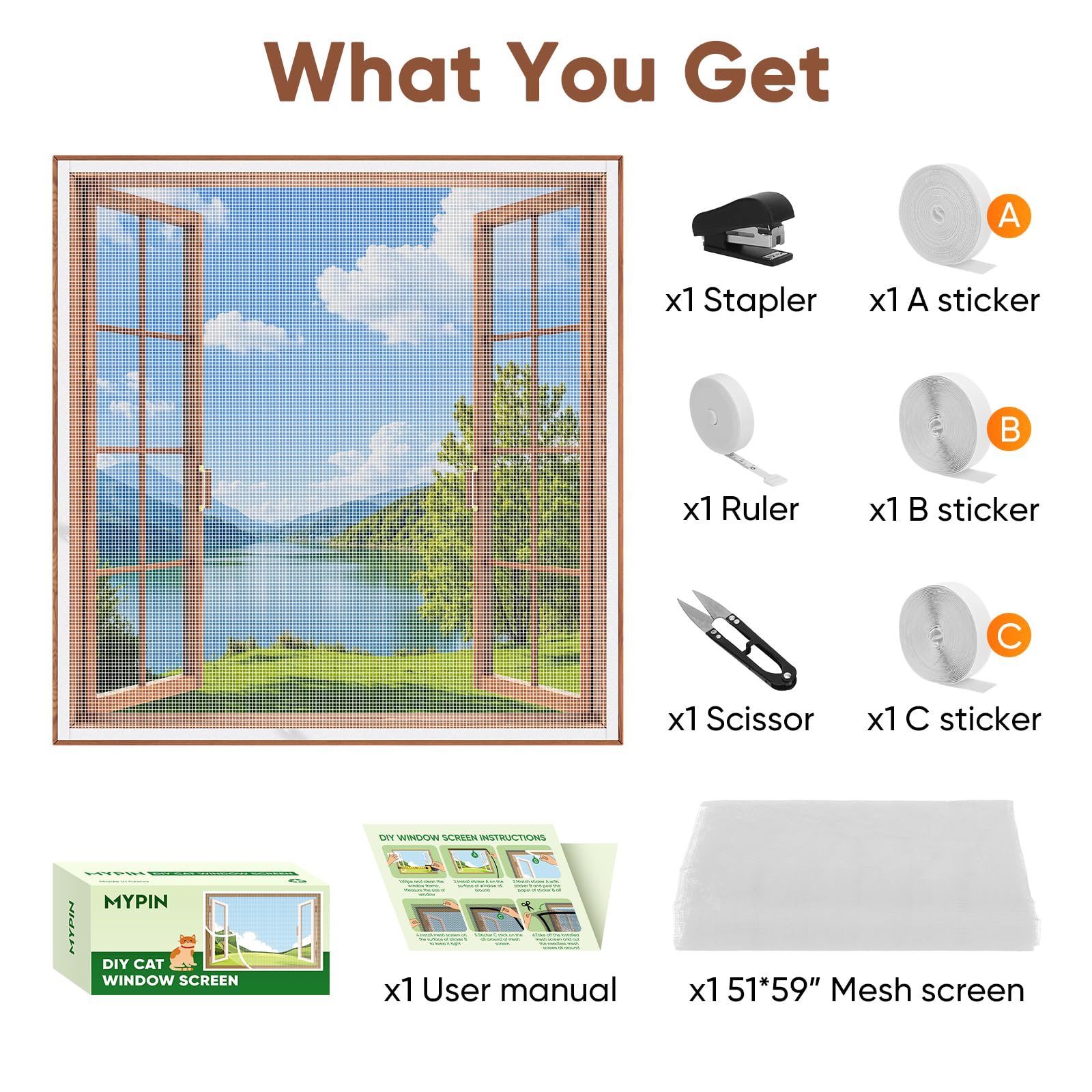 MYPIN Einstellbare Katzenschutz Fenster Netz Mit Selbstklebeband, DIY Größe, Katzennetz Balkon Fenster Transparent Netzgitter, Fliegengitter, Max. 130x150 cm, mit Lineal/Messer/Hefter (Weiß）
