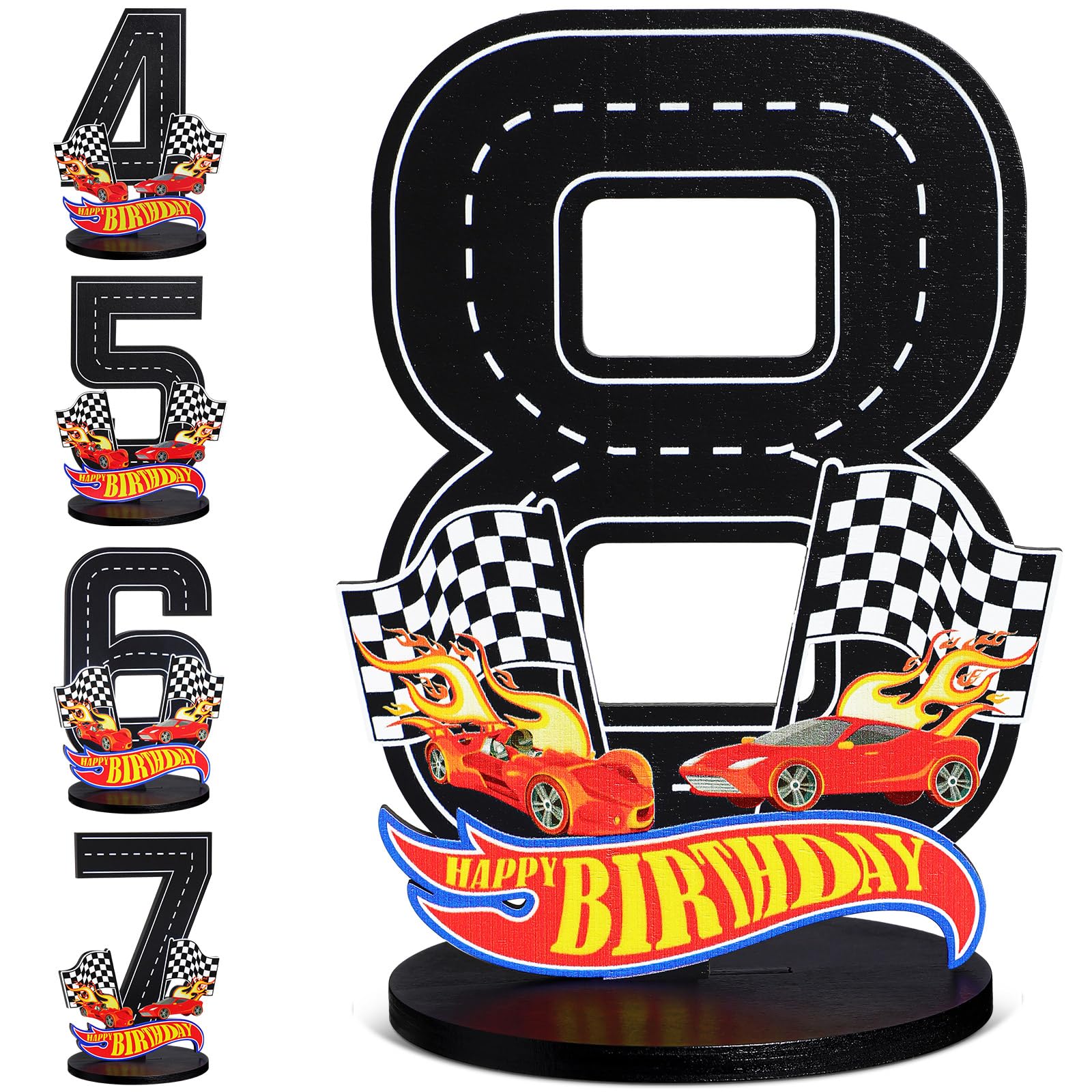 Race Car 8th Birthday Number Sign Centerpiece Race Car Theme 8th Birthday Party Supplies Wooden 8th Table Decoration Photo Props for Boys Three Years Old Birthday