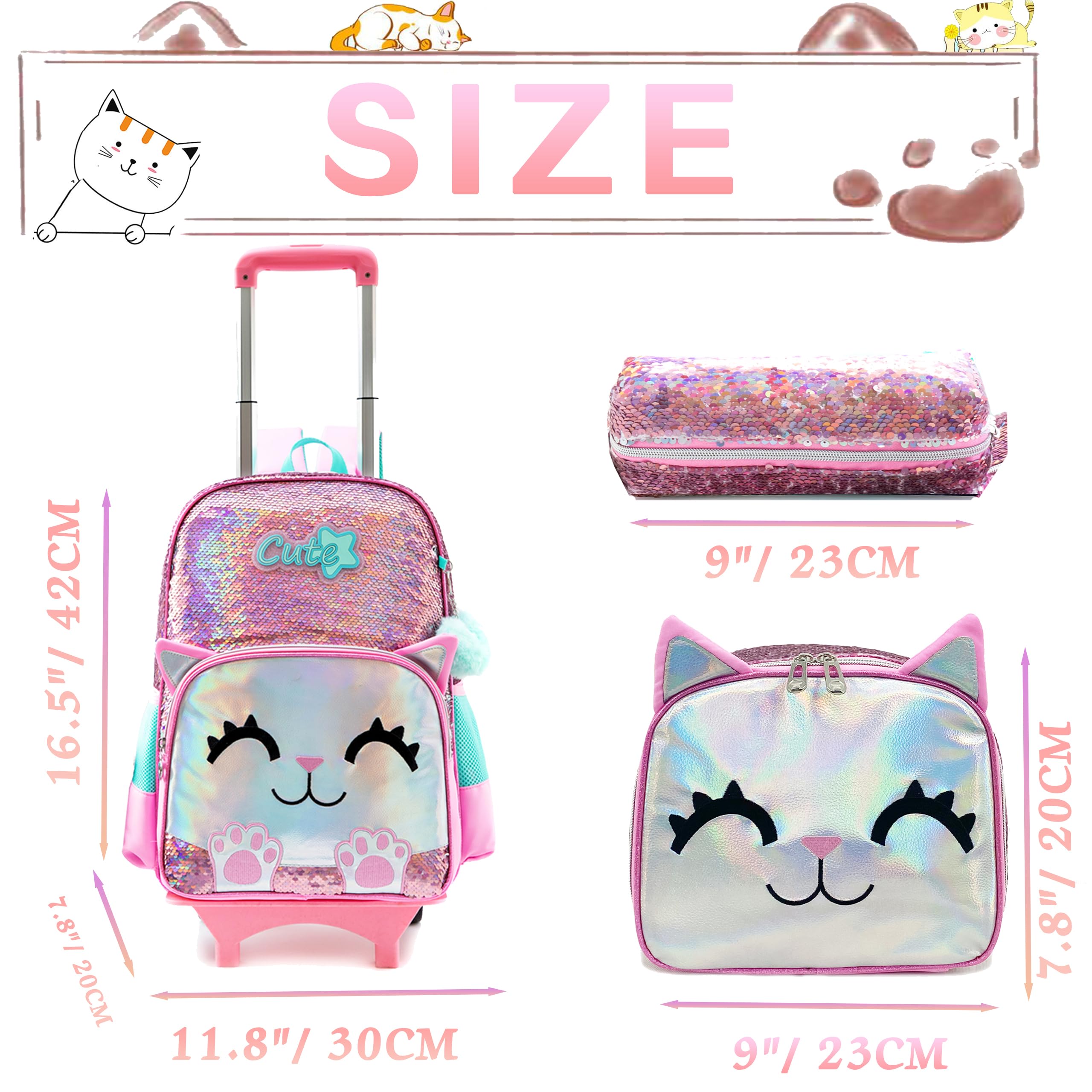 HTgroce Mochila Con Ruedas Niña con Estuche para Lápices y Bolsa para el Almuerzo, Mochilas Escolares Con Ruedas, Mochila 3 en 1 con Mochilas Escolares Con Ruedas