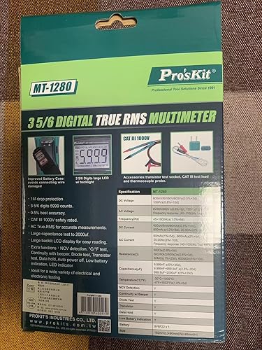 Miniatura 11 de Pro'sKit Tool Solutions MT-1280D 3 5/6 True-RMS Multímetro digital True RMS Medición precisa Alerta de fusible soplado Luz de fondo con detección
