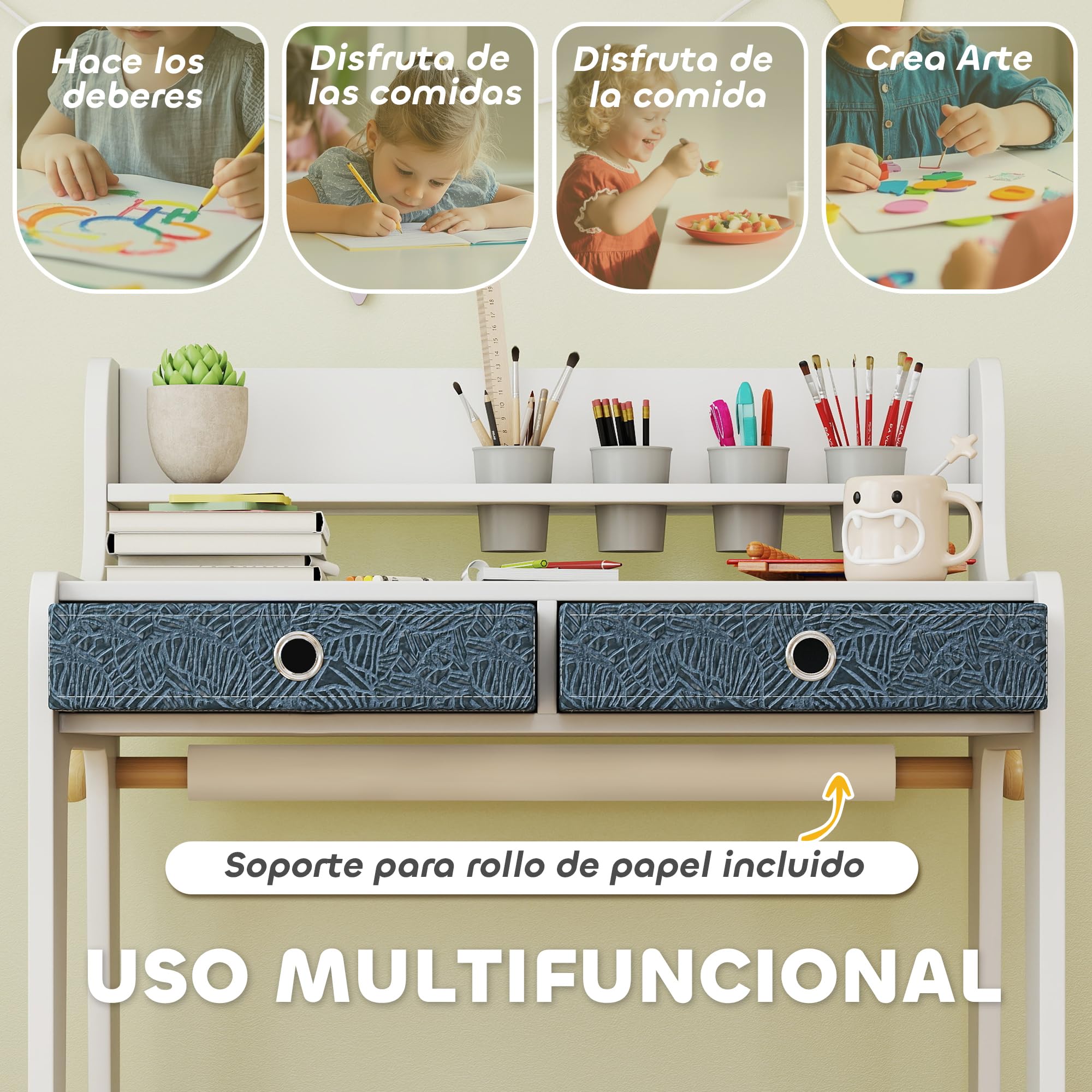 AIYAPLAY Escritorio Infantil con Silla, 2 Cajones Extraíbles, Blanco | Pupitre Infantil, Estante y Portavasos, para Estudiar Leer y Dibujar, Mesa para Niños, Dormitorio, Sala Estudio