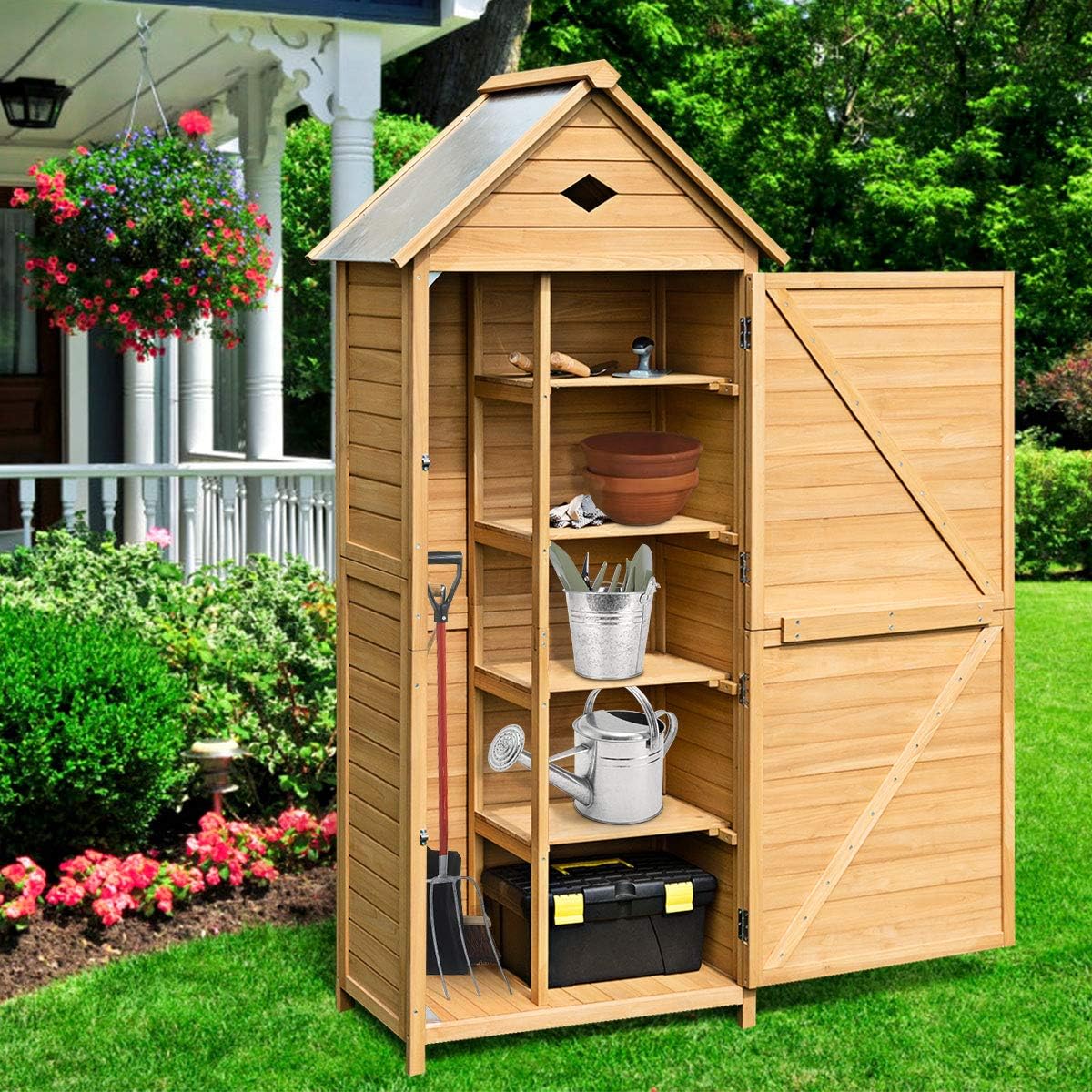 GYMAX Armadio da Esterno in Legno, Casetta Porta Attrezzi da Giardino con Ripiani Rimovibili, Capanno Tetto in Lamiera Zincat Impermeabile, con 2 Porte, 80 x 45 x 177cm(Stile 1)