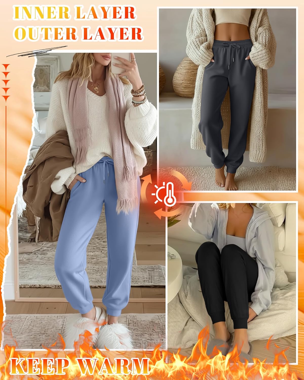 3 Pack Women's Fleece Lined Joggers Thermal Lounge Sweatpants Elastic Waist Drawstring Yoga Pants with Pockets - Image 2