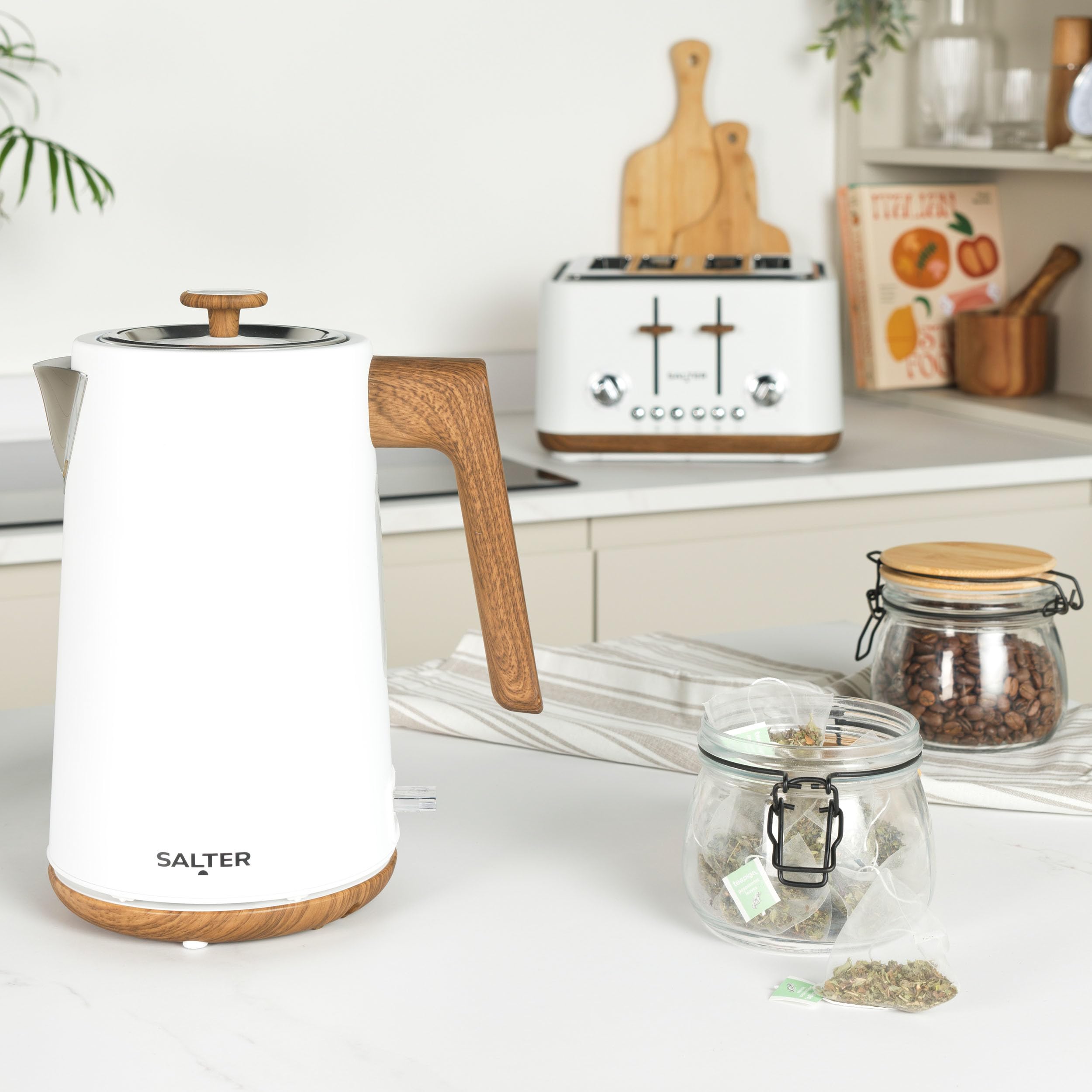 Salter Czajnik Toronto 1,7 l – szybkie gotowanie 3 kW, podstawa 360°, filtr kamienia, stylowy efekt drewna, bezprzewodowy, czujnik gotowania na sucho i automatyczne wylaczanie, wskaznik poziomu wody