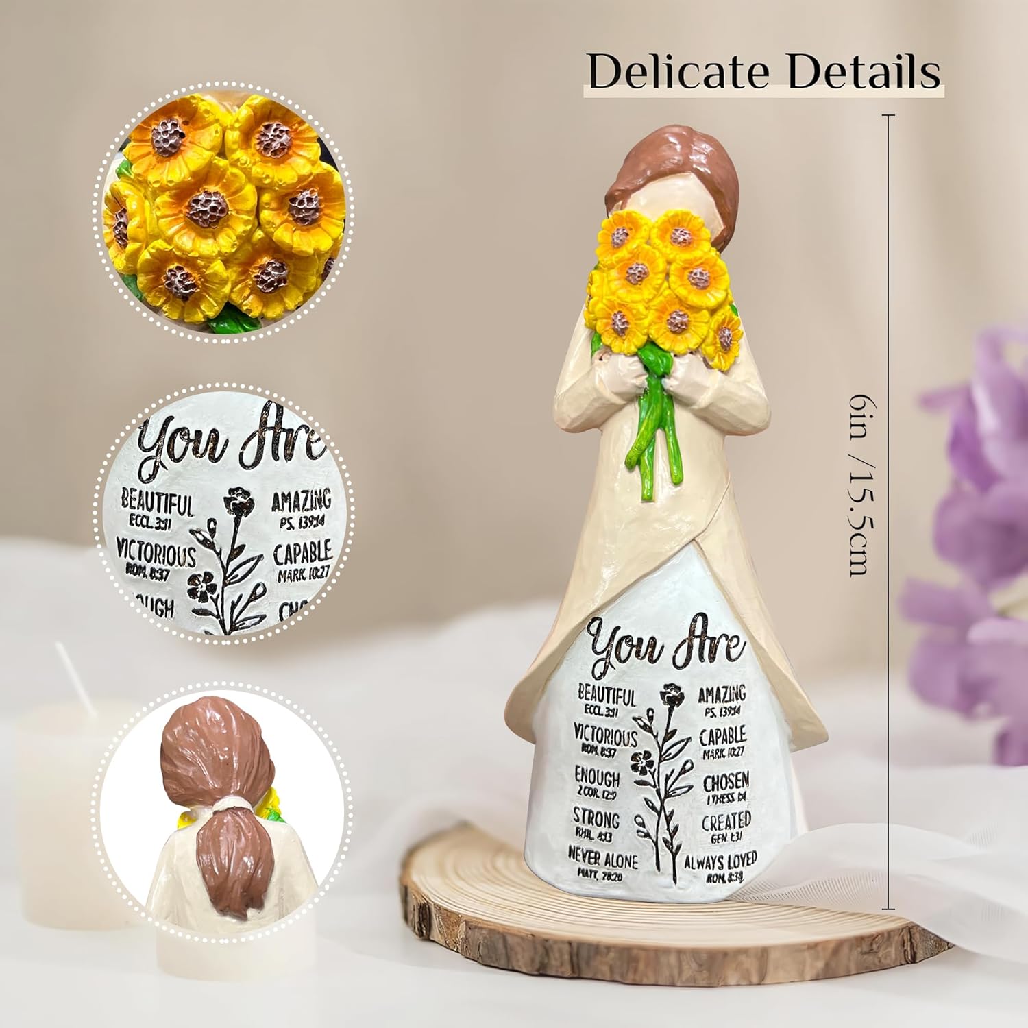 Christian Figurine for Women – “You are” Sunflower Resin Doll with Bible Verses – Hand-Painted Spiritual Statue Decor – Religious Faith Gift for Women – Home & Church Christmas Keepsake