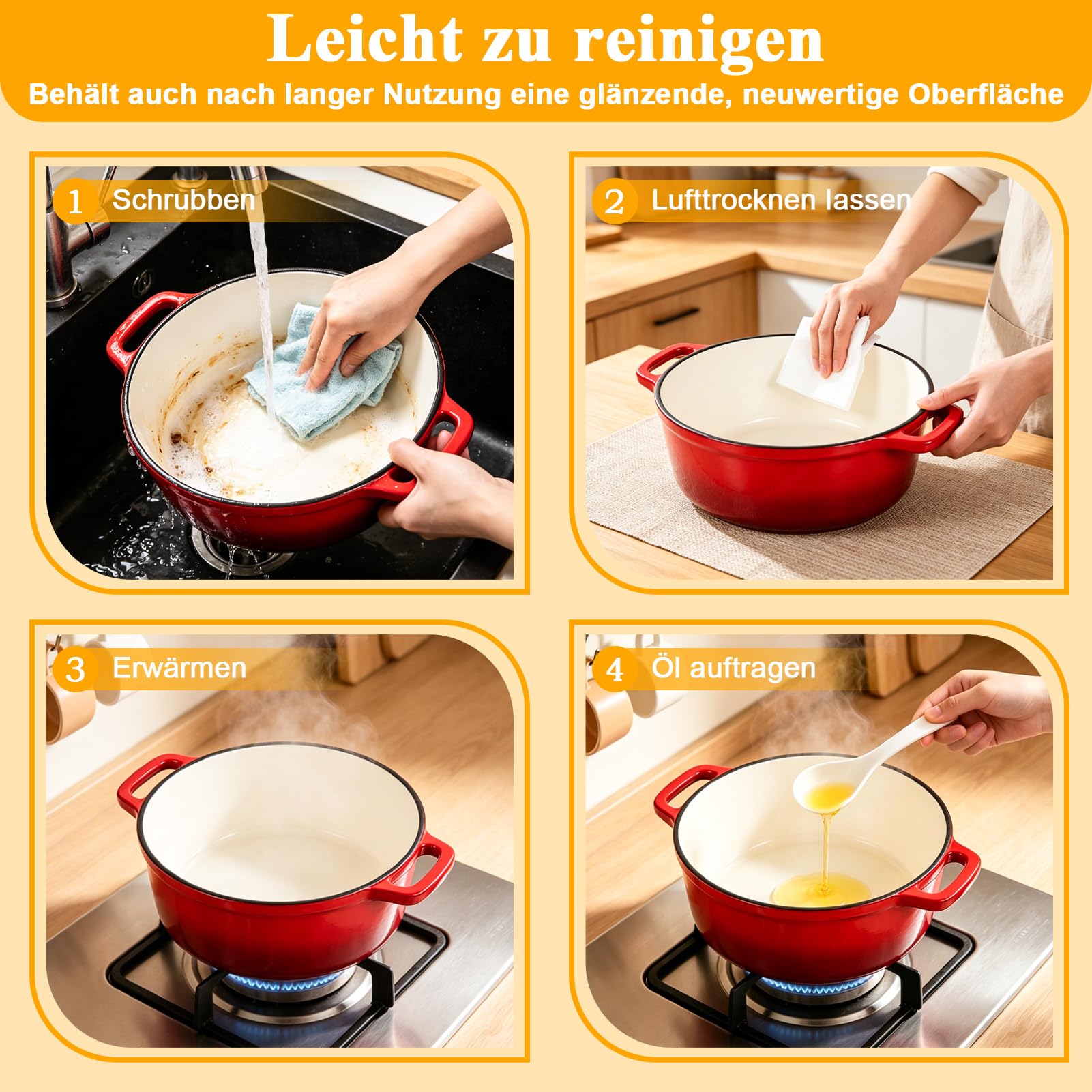Gusseisen Topf Brot Backen, 5,7L Bräter Emaille Schmortopf mit Deckel und Griffen, 26 cm Dutch Oven, Brotbacktopf für Selbstgemachte mit Zwei-in-Eins-Emaillebeschichtung