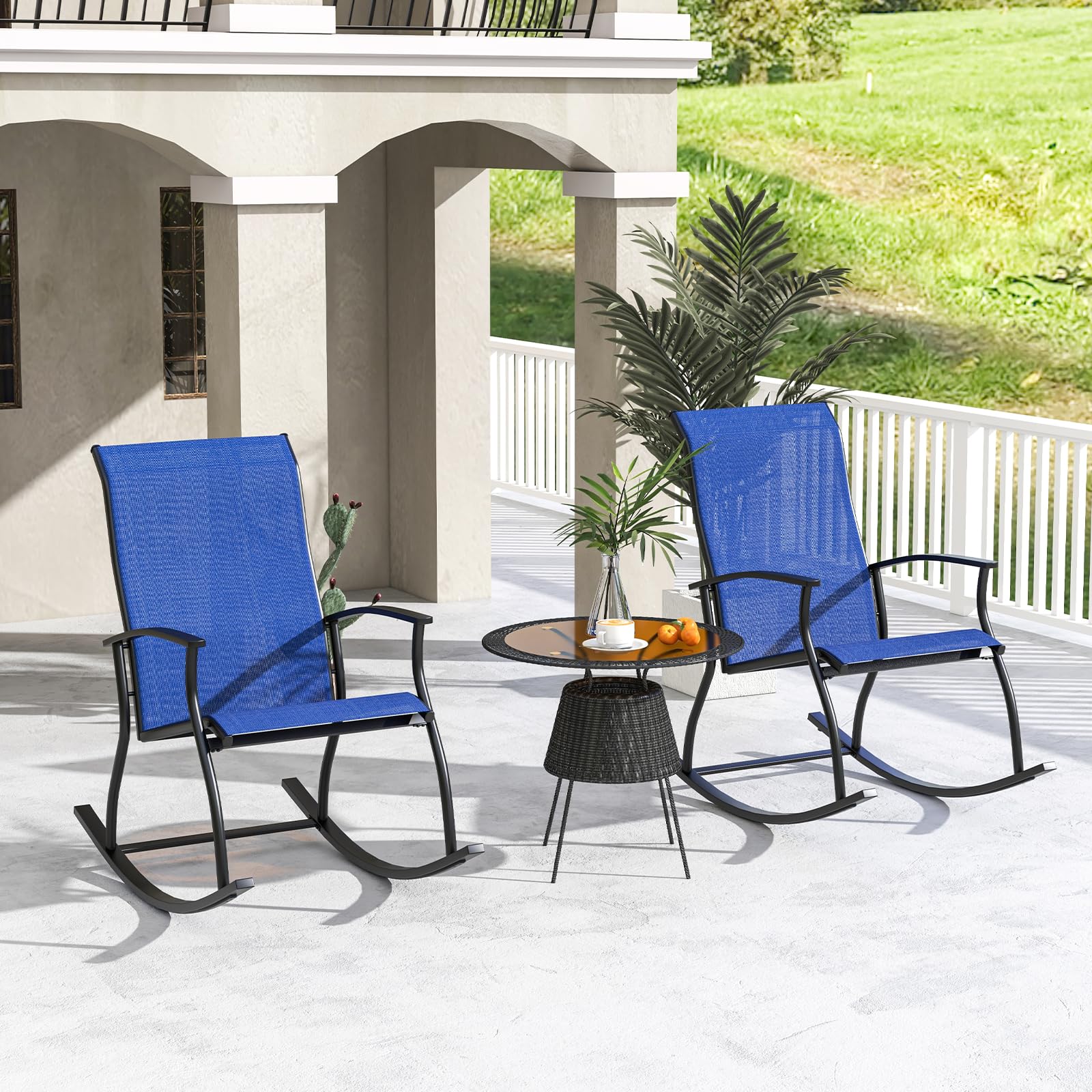 COSTWAY 2er Set Schaukelstühle, Schaukelsessel mit hoher Rückenlehne und atmungsaktivem Sitzstoff, Gartenstühle für Garten, Veranda, Pool, Blau