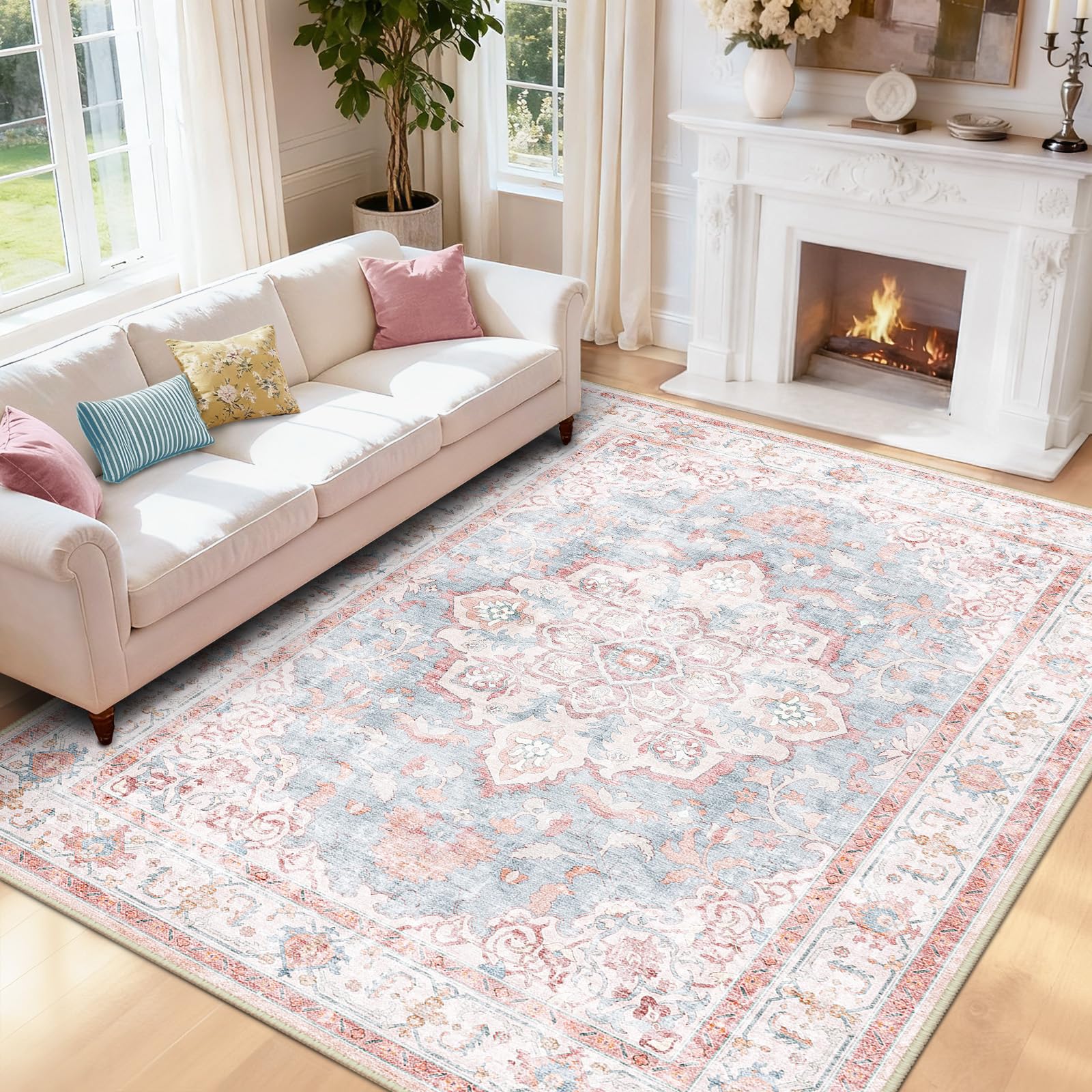 Machine Washable Rugs Nursery Rug 9x12 Cute Girl Non Slip Low Pile Water Repellent Soft Print Pattern for Bedroom Indoor Decor Kids Playroom Pinkblue