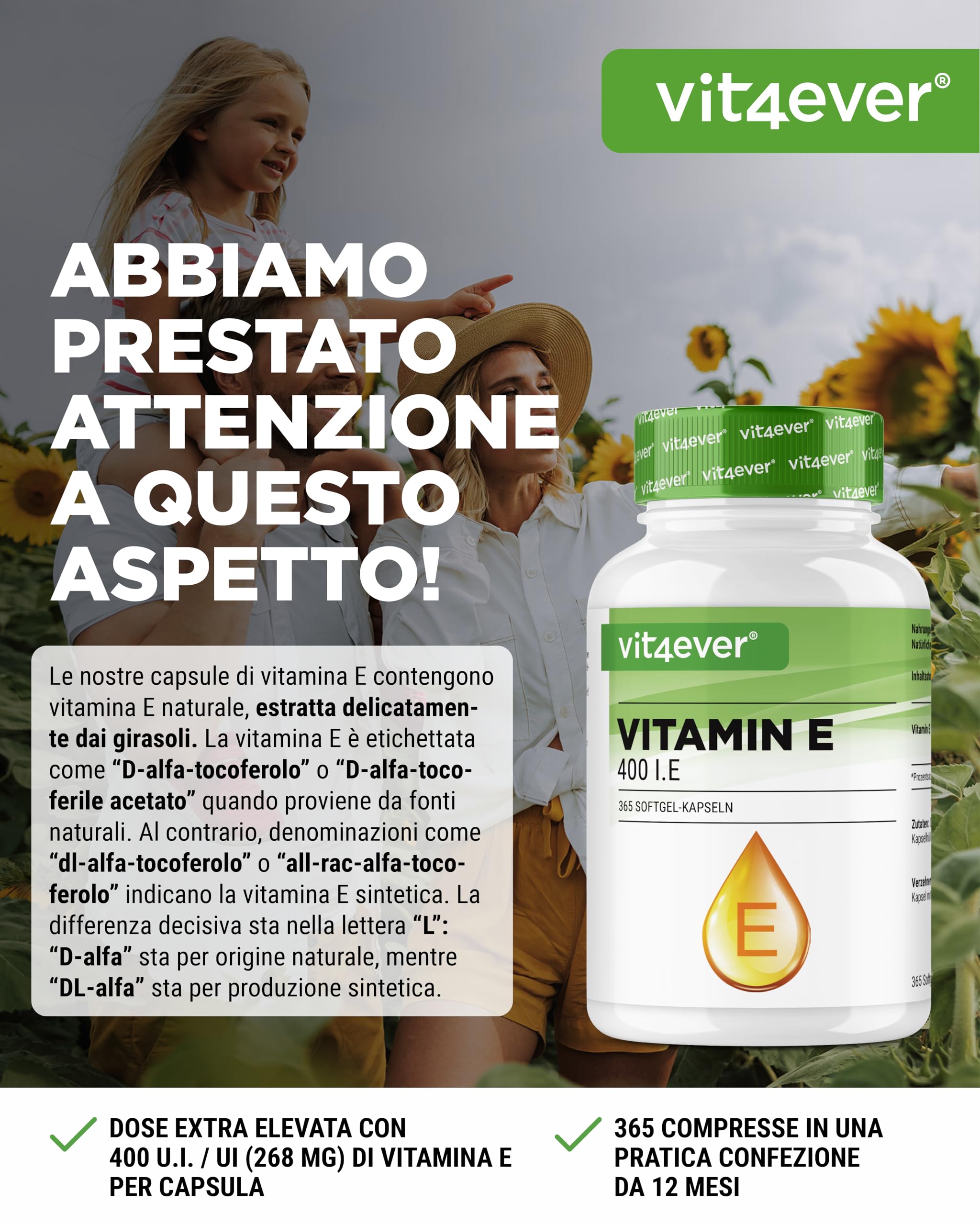 Vitamina E 400 U.I. naturale - 365 capsule softgel - Premium: Vitamina E naturale dai girasoli - Scorta per 12 mesi - Altamente dosata