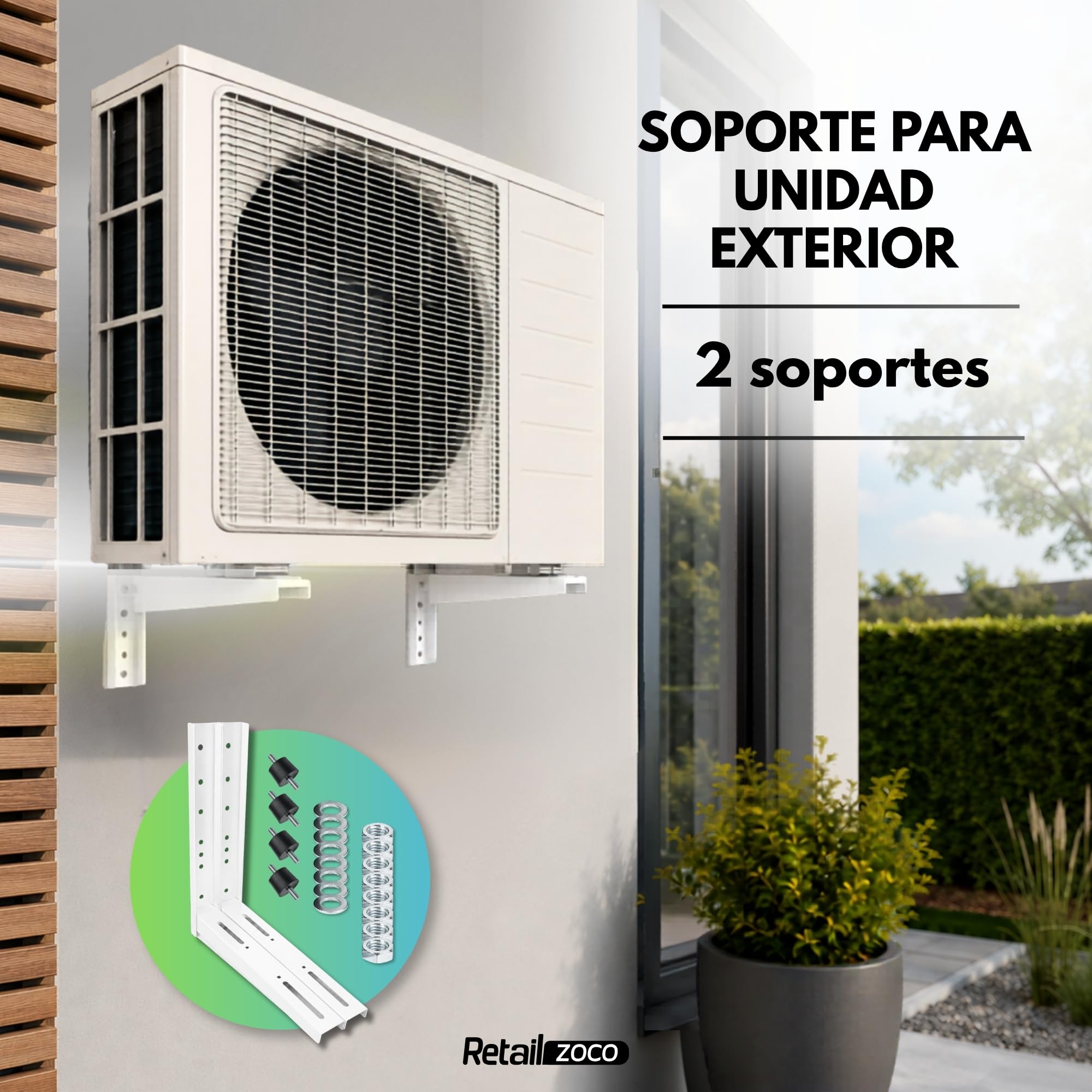 Soportes Unidad Exterior Aire Acondicionado, Soporte pared maquina de aire estructura soldada, Tamaño Alto 500 x Largo 450 x Ancho 60mm, Incluye pack 4 unidades Silentblock A-35 antivibradores