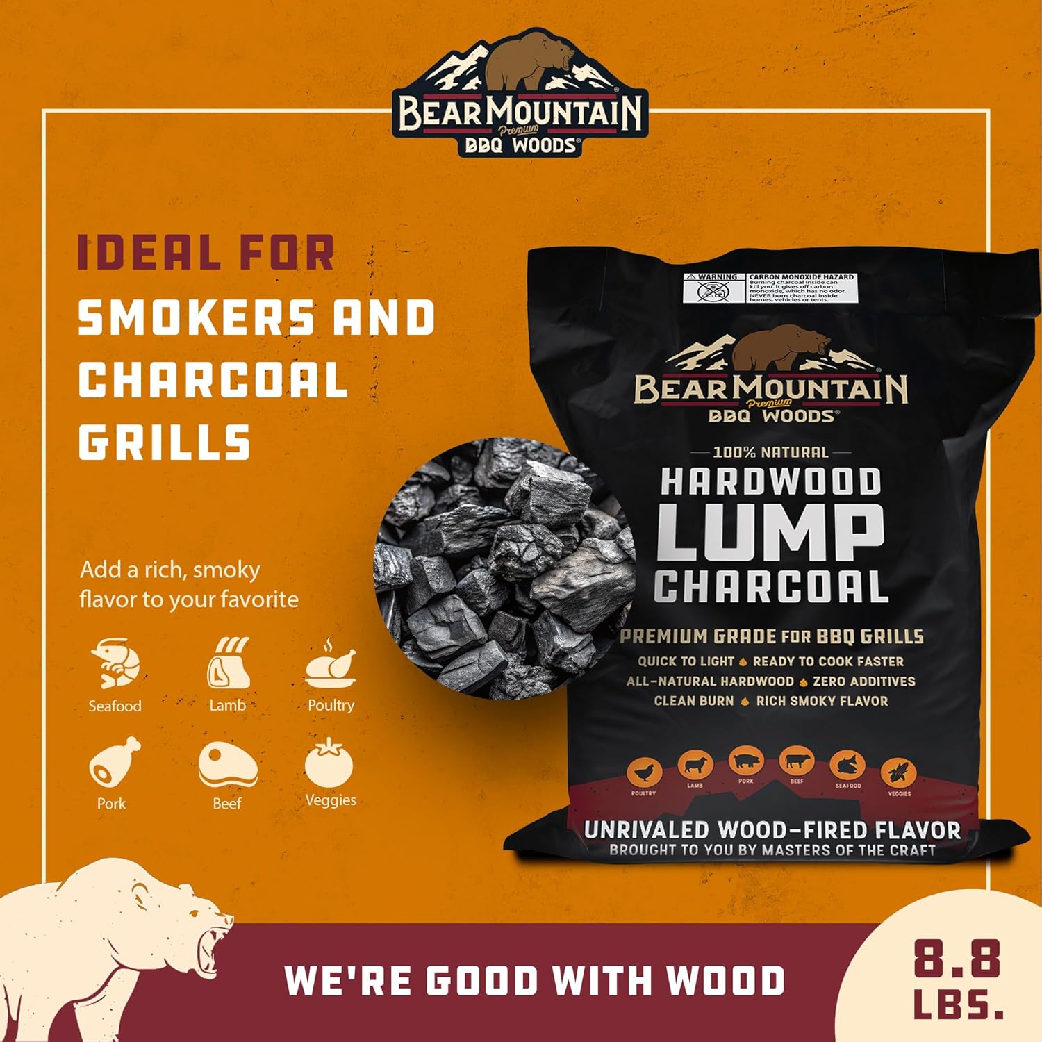 Bear Mountain BBQ Hardwood Lump Charcoal, Premium Grade for BBQ Grills, Quick to Light and Ready to Cook Faster, Rich Smoky Flavor, 16 Pounds