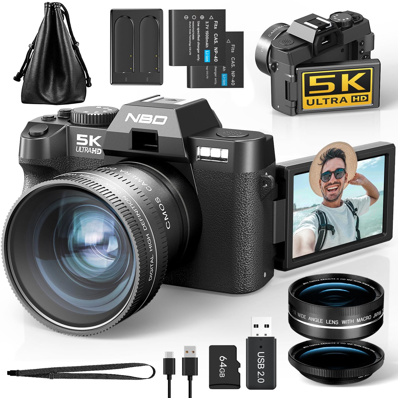 Appareil Photo Numérique NBD 5K 64MP Autofocus Zoom 16x F1.8 Écran IPS 3" 180° WiFi Grand Angle Macro Carte 64GB 2 Batteries Noir