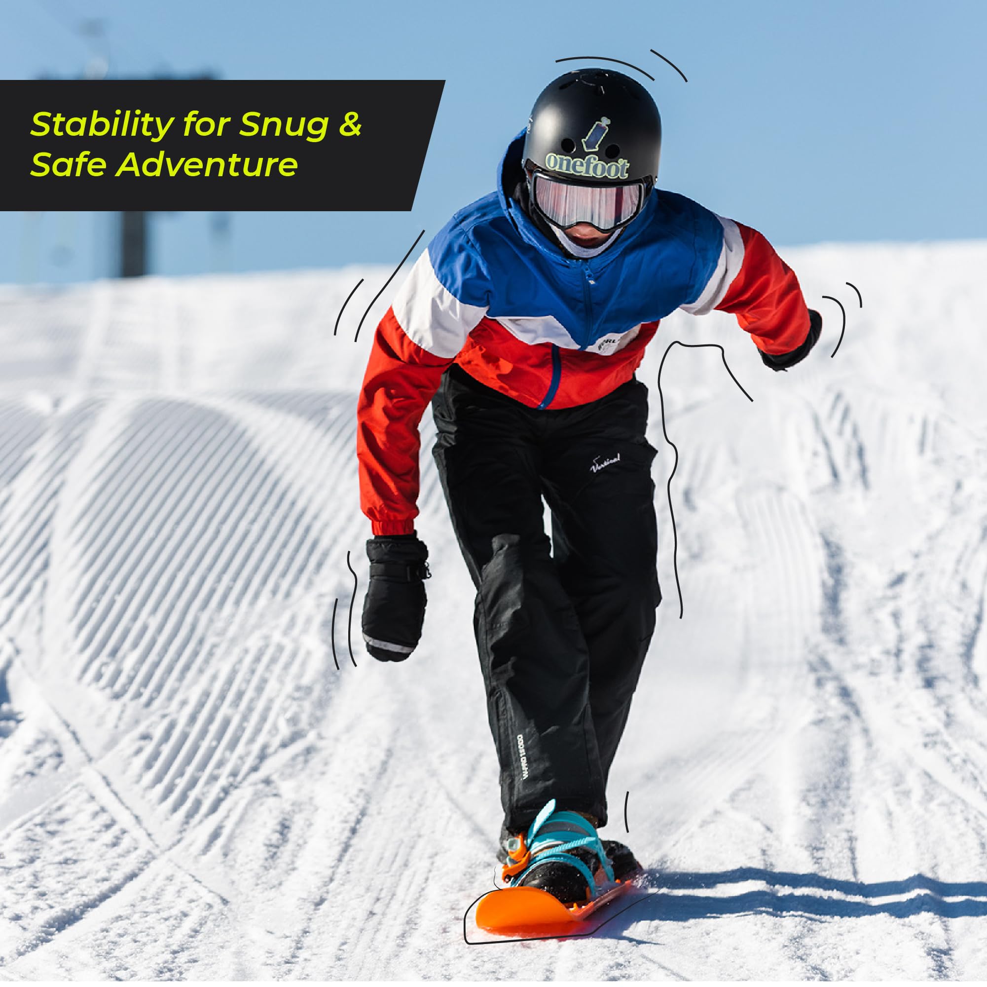 Onefoot Mini Ski - Kompakter Mini Ski (71,7 x 15,3 cm) mit verstellbaren Bindungen & Grip Spikes - Langlebiges kurzes Skiboard - Spaß für Tricks, Balance und Freesty-Skifahren