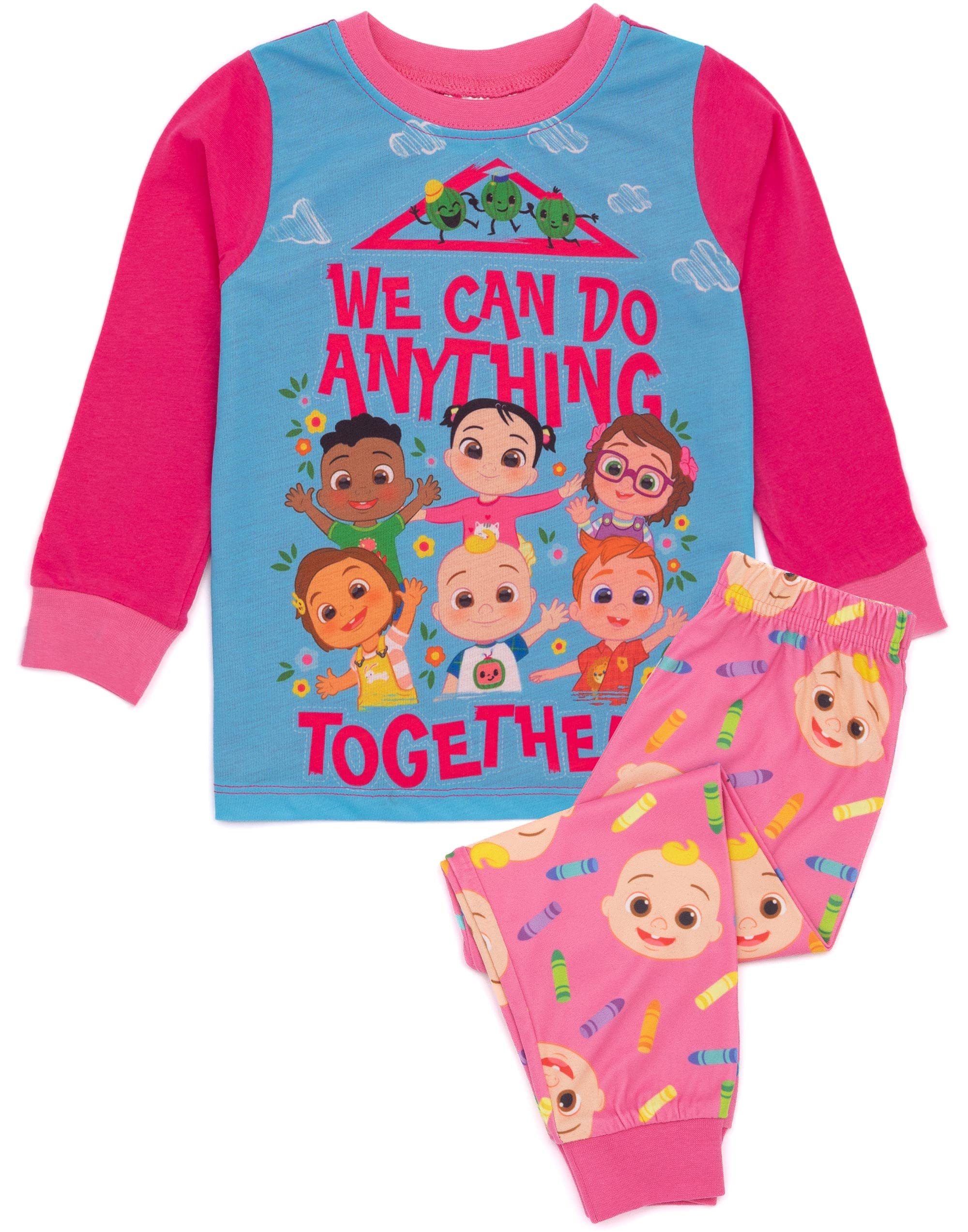 CoComelon Girls Pyjama Set | Kids Pink & Blue Musical Loungewear T-Shirt & Pants PJ | JJ Cece Bella Nico Nina Cody Long Sleeve Tee Long Leg Bottoms Clothing Pajama | Cosy Nightwear Merchandise Gift