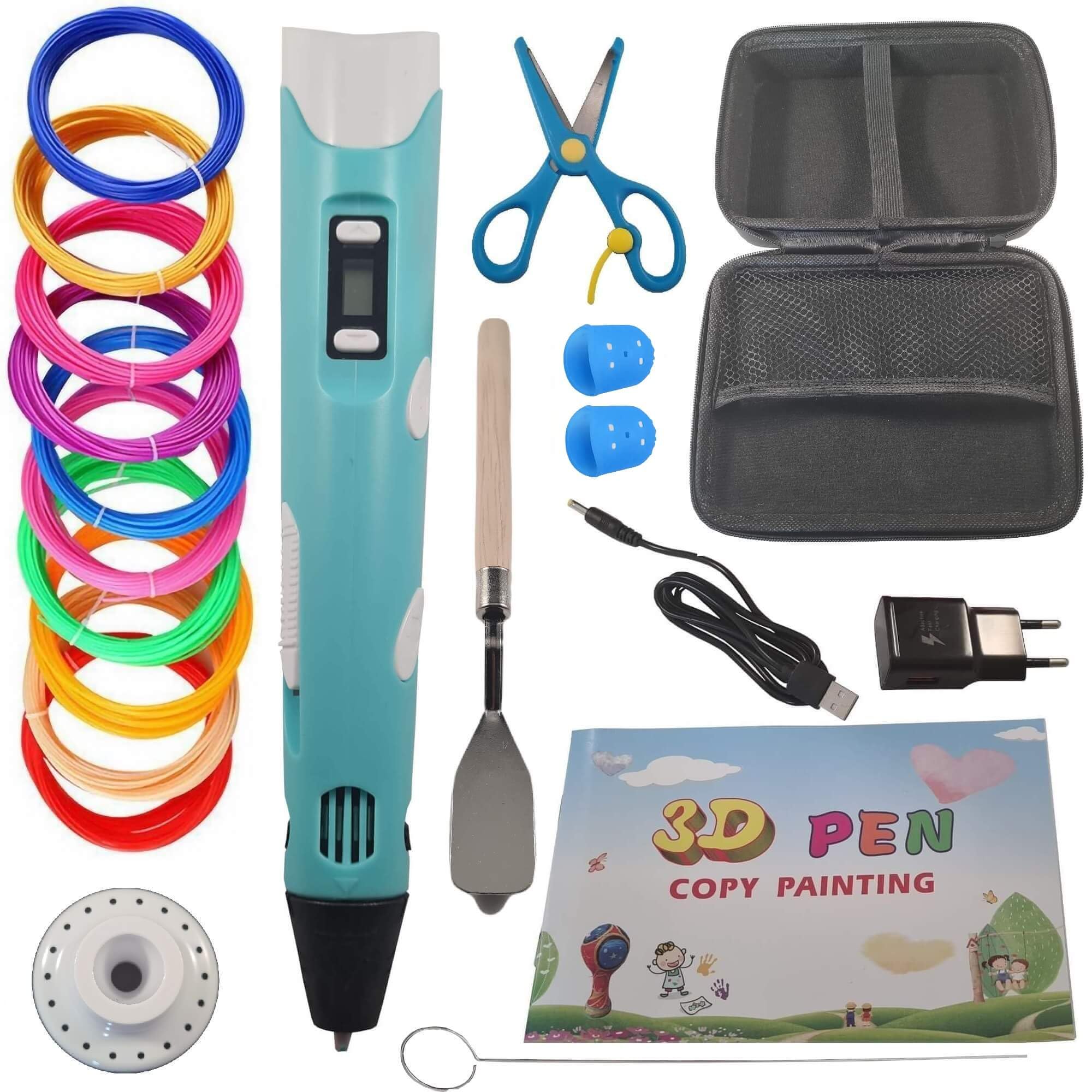 CAELLUMA - Lapiz 3D para Niños para Filamento PLA y ABS - Boligrafo 3D para Niños - Lapiz 3D con Funda de Viaje + 50 Metros PLA + Tijeras + Dedales + Paleta + USB 1.5m + Enchufe + Cuaderno (Azul *)