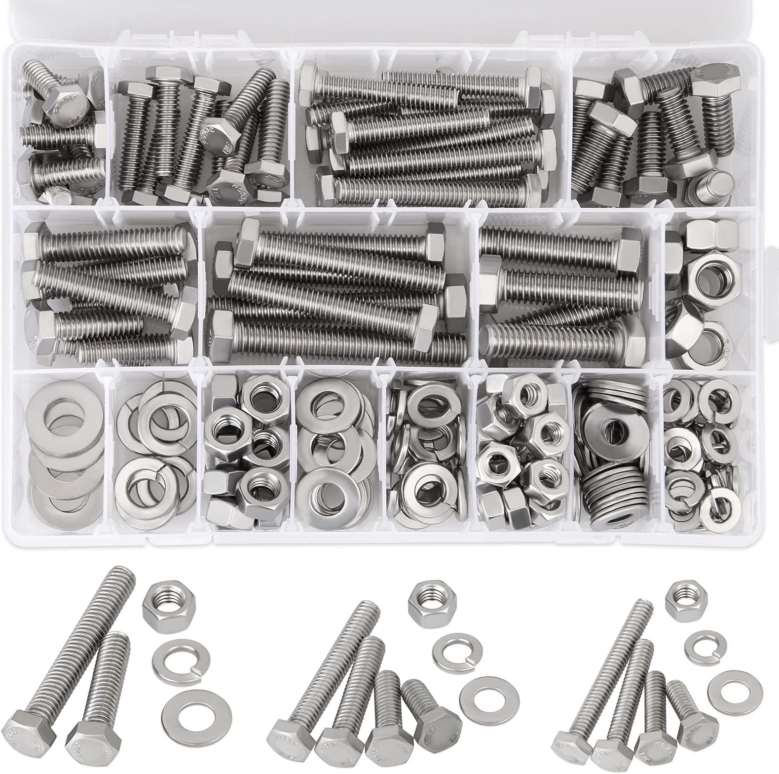 Hakkin 240Pcs Hex Bolts and Nuts Kit Stainless Steel Spring Washers Assortment Kit, 3/8" 1/4" 5/16", 10 SAE Sizes Machine Screws Set with Storage Case