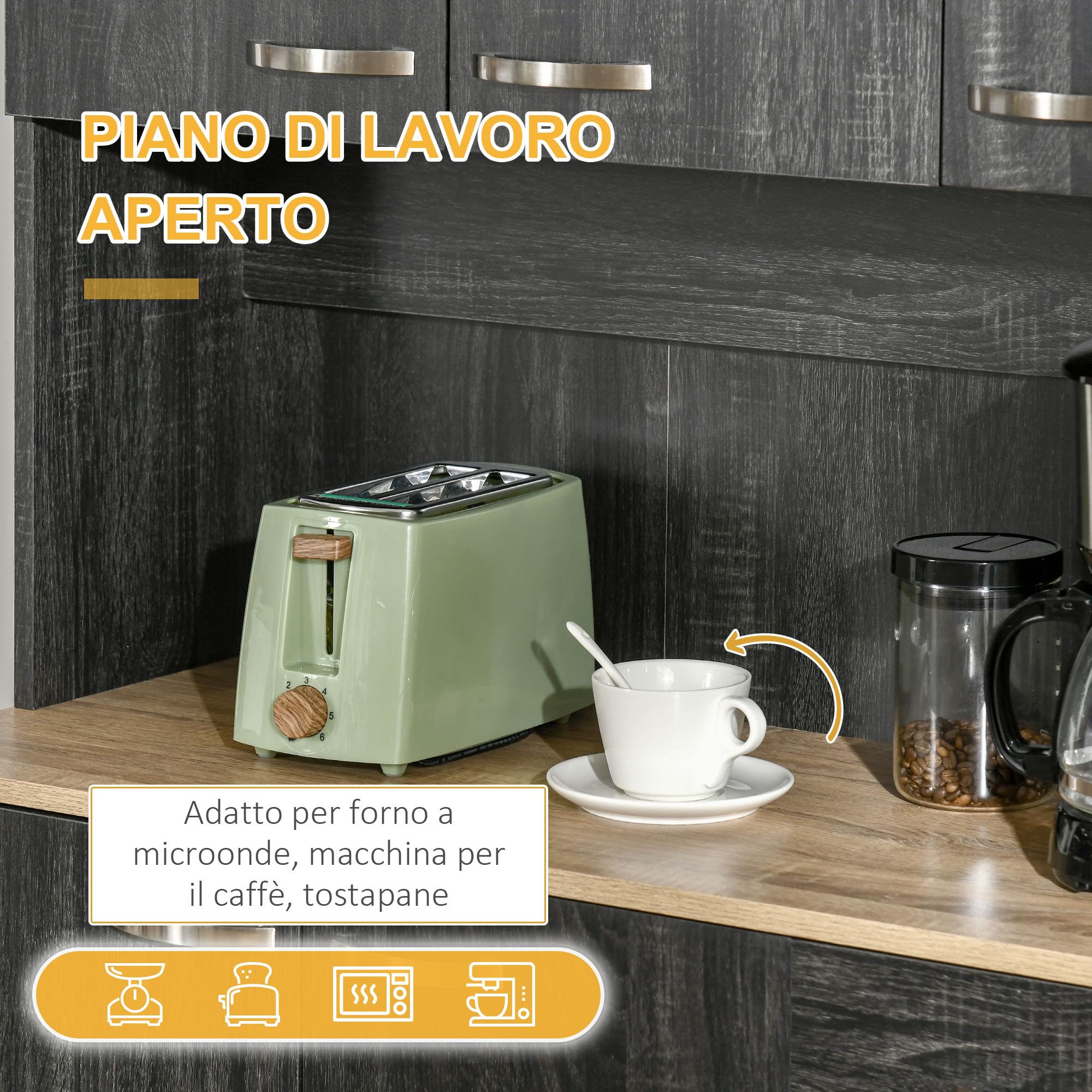 HOMCOM Credenza Cucina con Armadietti, Cassetto e Piano Portamicroonde, Mobile Dispensa Stretto con Ante e Ripiani Regolabili, Mobile Cucina per Soggiorno, Sala da Pranzo, 101x39x180 cm, Nero