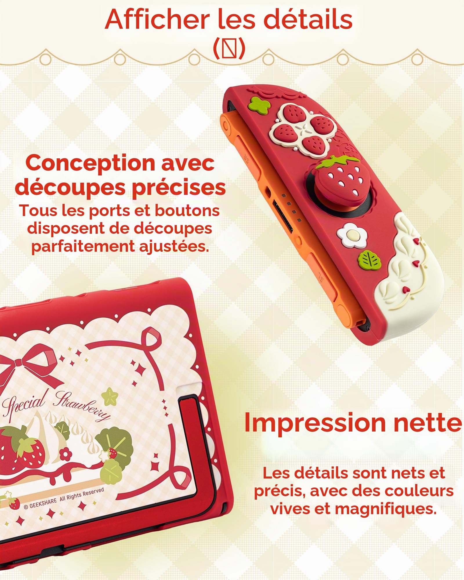 GeekShare Coque de Protection en Silicone Souple Compatible avec Switch 2 Coque Anti-Rayures Compatible avec Switch 2 Coque Amovible avec 2 Capuchons Poignée de Pouce - Fraises avec Crème (Rouge)