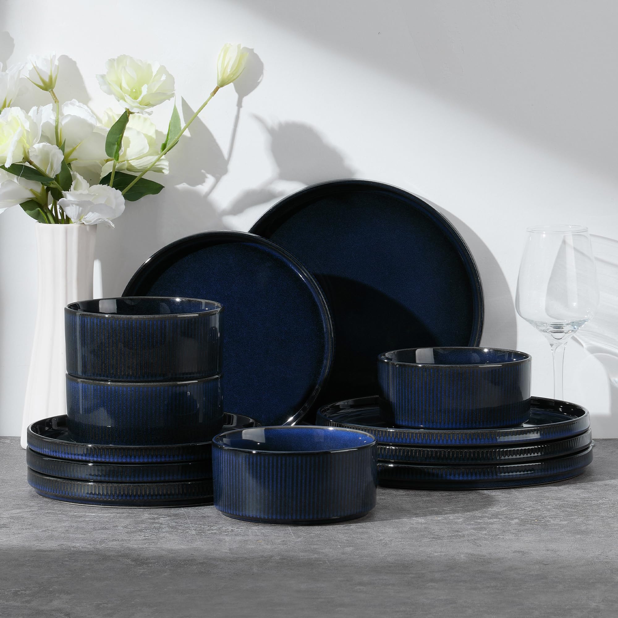E-far 12-Piece Plates and Bowls Sets, Stoneware Dinnerware Dishes Sets for 4, Kitchen Modern Dining Dishware, Chip &amp; Scratch Resistant, Microwave &amp; Dishwasher Safe, Midnight Blue