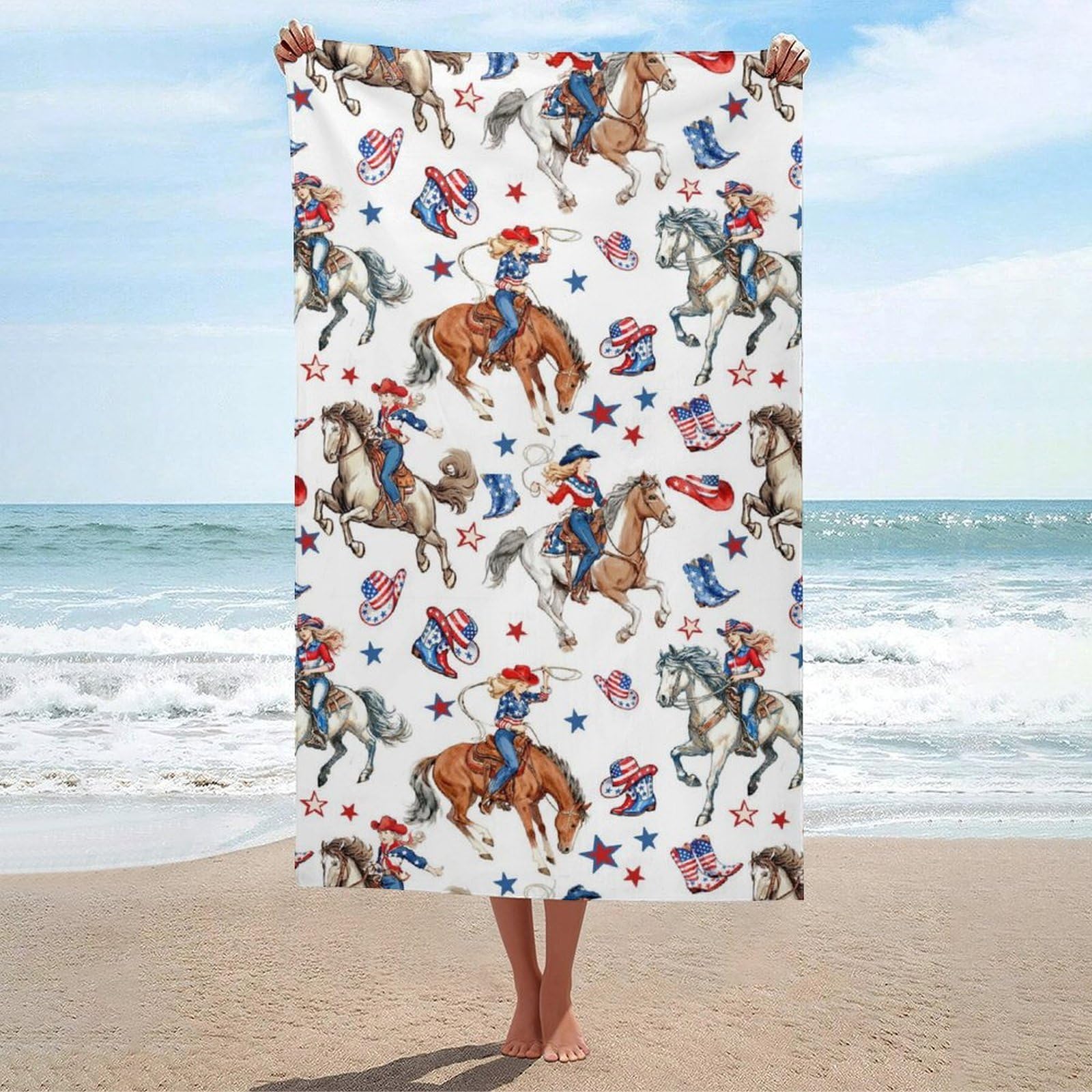 Anceky Beach Towel Quick-Dry American Flag Cowgirl Horseback Bath Towels Beach Towel Large Absorbent Bath Towel for Home Gym Travel 31 X 51 in