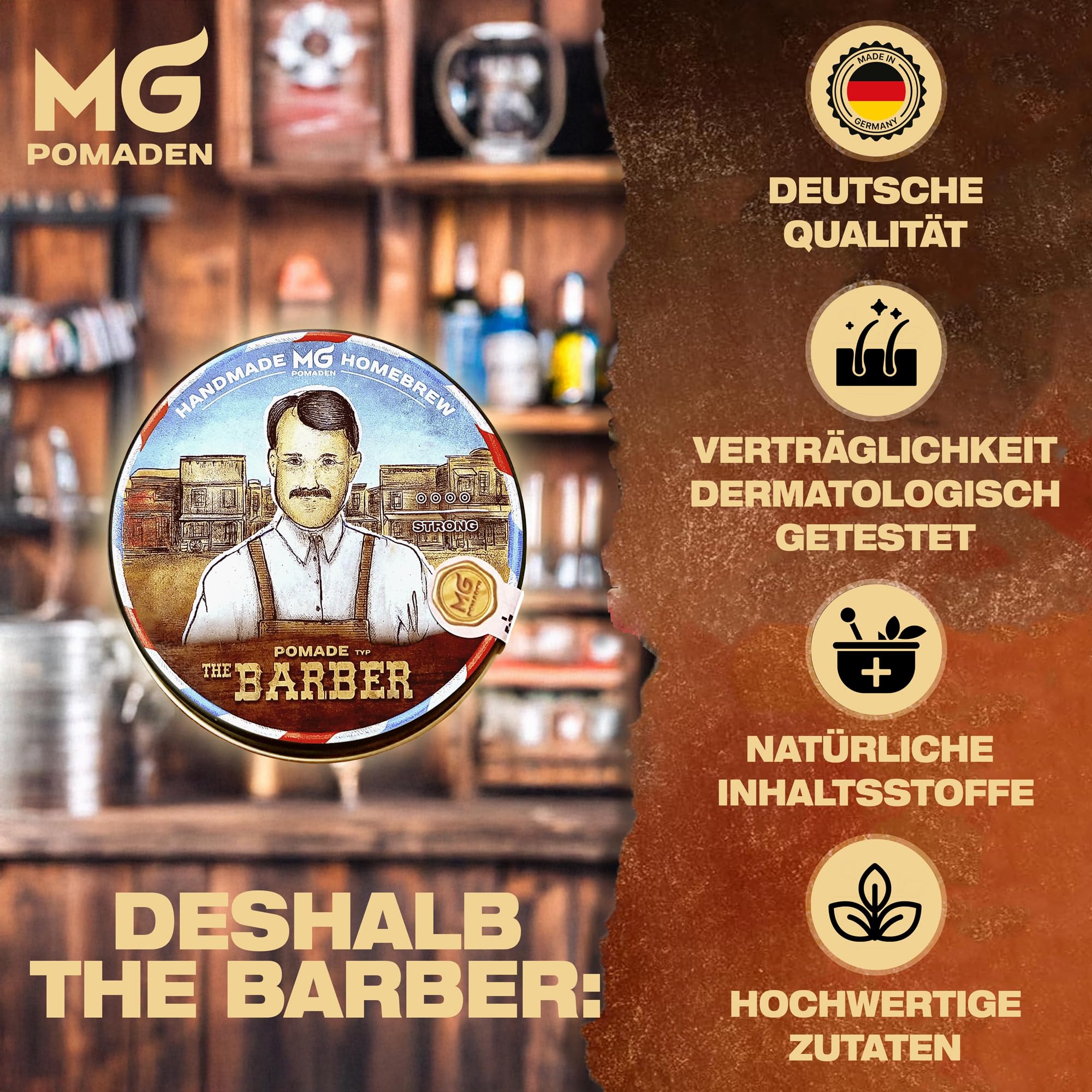MG Pomade THE BARBER, Herren, wasserfest und pflegend, ölbasierte Haarpomade, Natürliche Wachs-Formulierung für starken Halt, Haar Wax, Haarwachs Männer, Haar- Bart Styling, Hair Clay