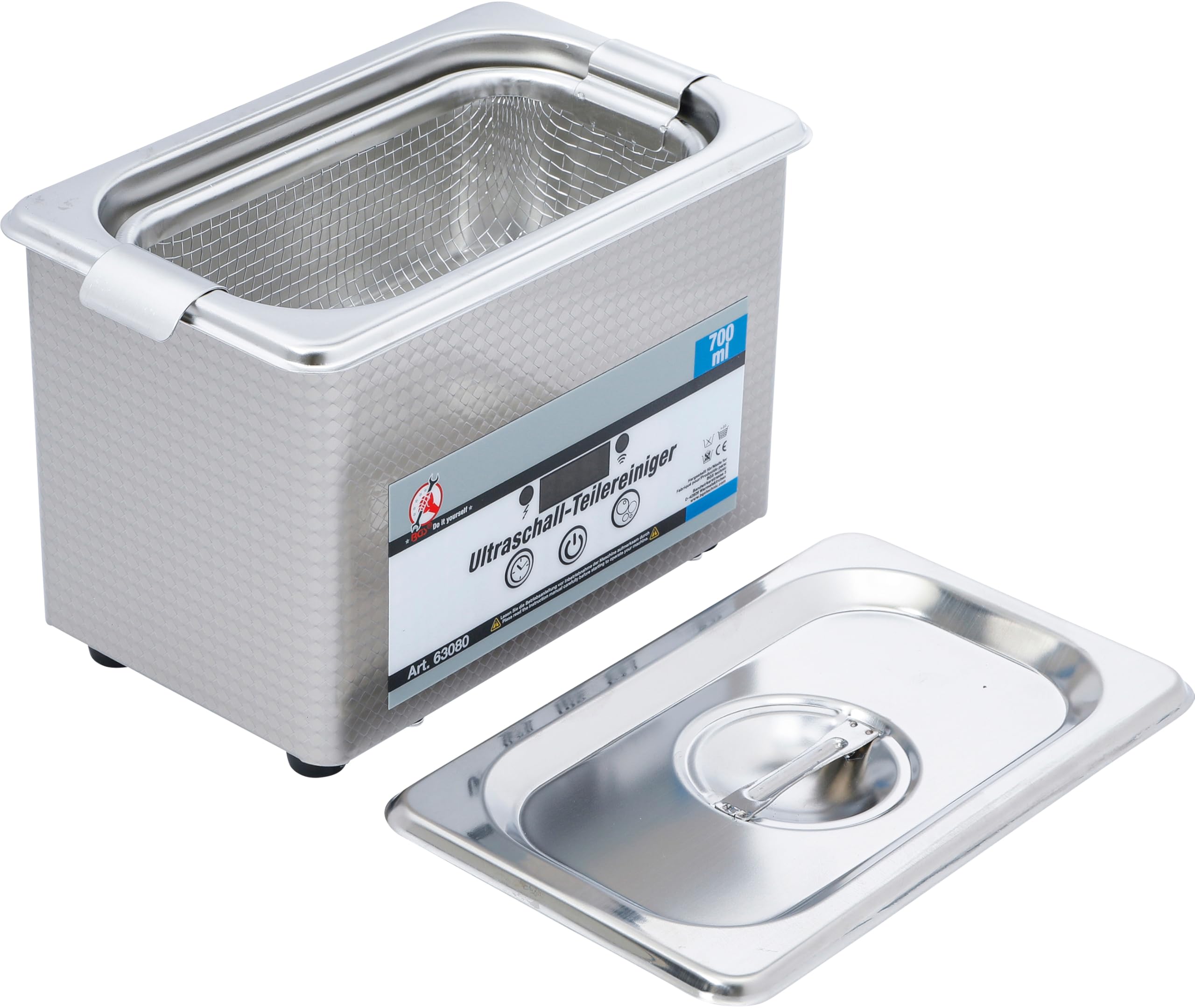 BGS Diy 63080 | Ultraschall-Teilereiniger | 700 ml | 35 W | Edelstahl | 42 kHz | Zeiteinstellung 0 - 30 min | 18 Zeitstufen | für Vergaserteile, Schmuck, Uhrenarmbänder, Münzen