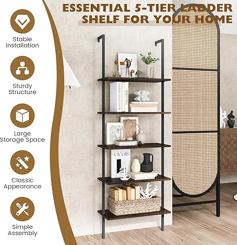 Miniatura 8 de Tangkula Estantería de 5 niveles, moderna estantería de escalera para montar en la pared, estantería abierta de madera de 5 niveles con marco de