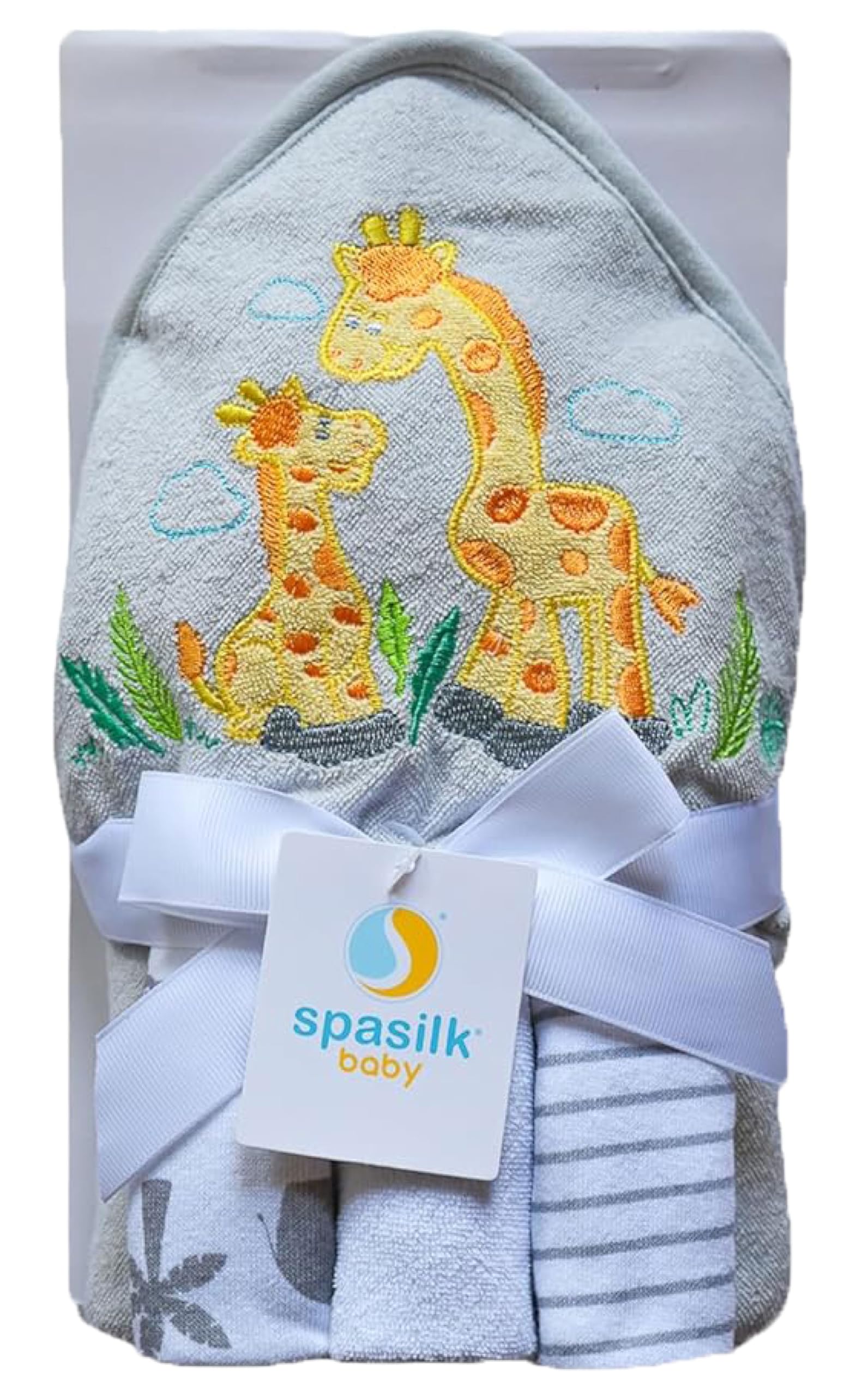 Spasilk Hooded Bath Towel and Washcloths Set for Newborns, 1 Soft Terry Baby Towel and 3 Baby Washcloths, Baby Essentials, Ideal, One Size, Gray Giraffe