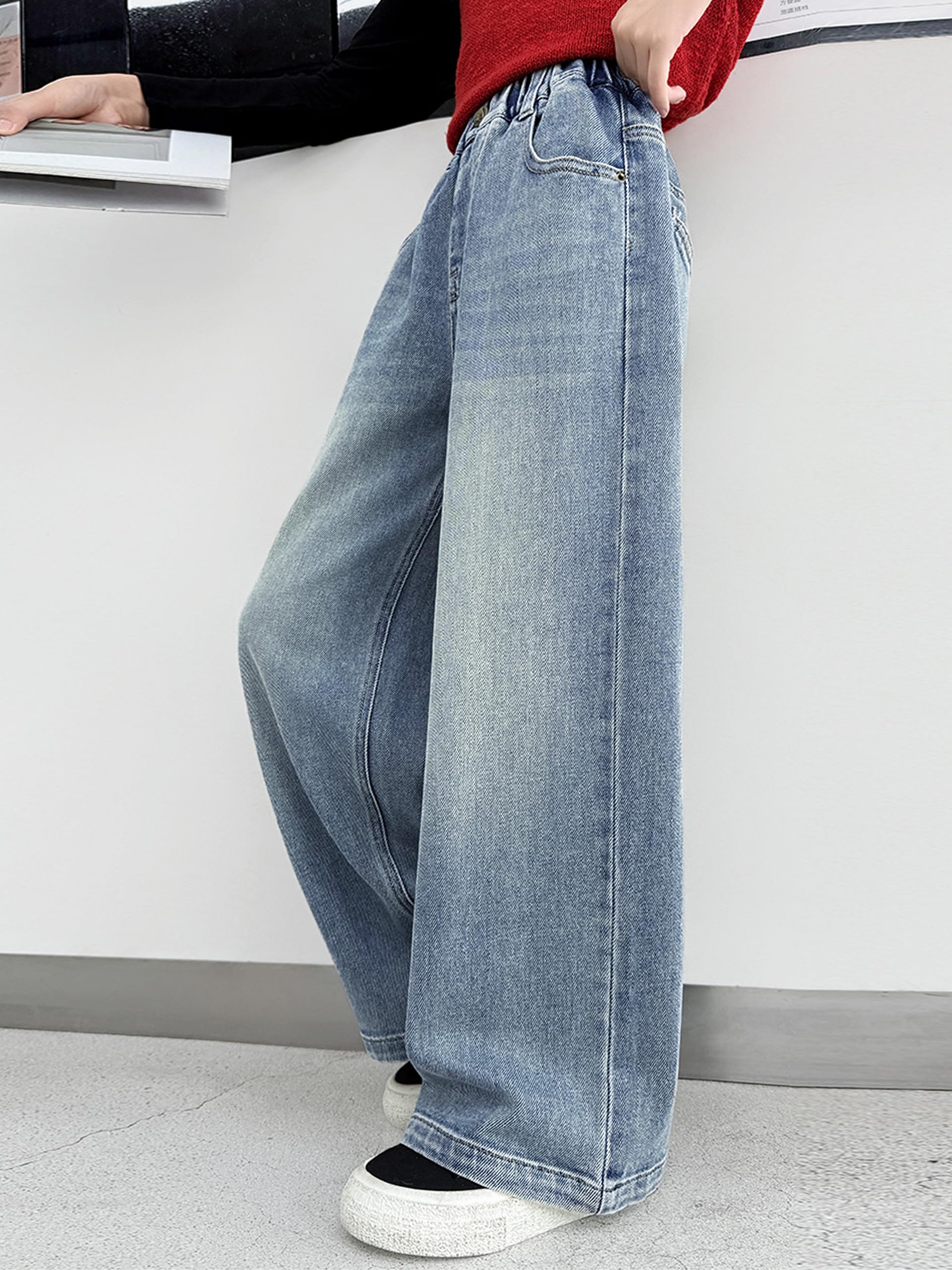Pantalones Vaqueros Baggy para Niñas Cintura Alta Elástica Pierna Ancha Denim Loose Bootcut 6-15 Años