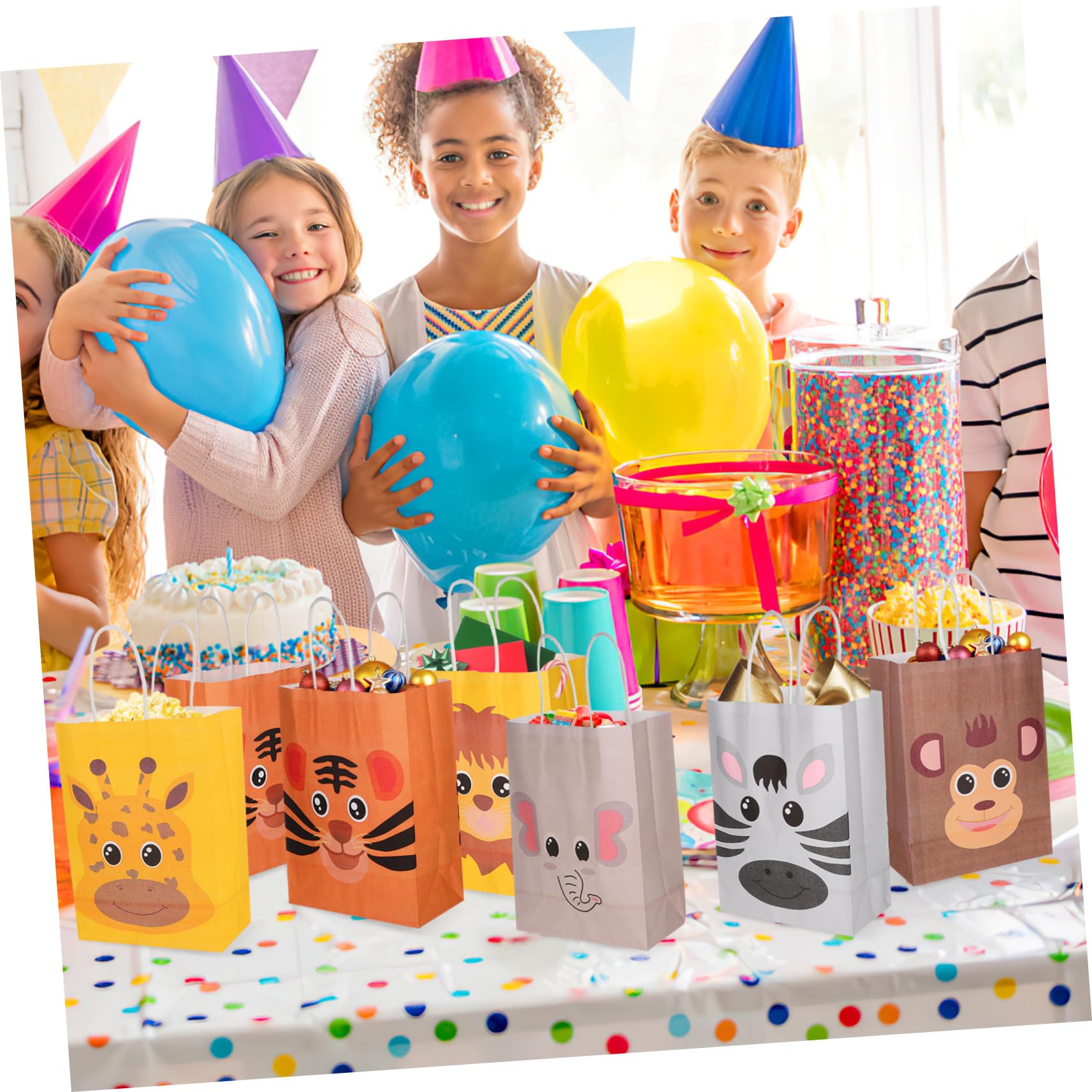 SKISUNO Geschenktüten Vielseitig Einsetzbar aus Kraftpapier mit Tiermotiven 24 Stück und Henkel in Verschiedenen Farben für Kindergeburtstag und Partys