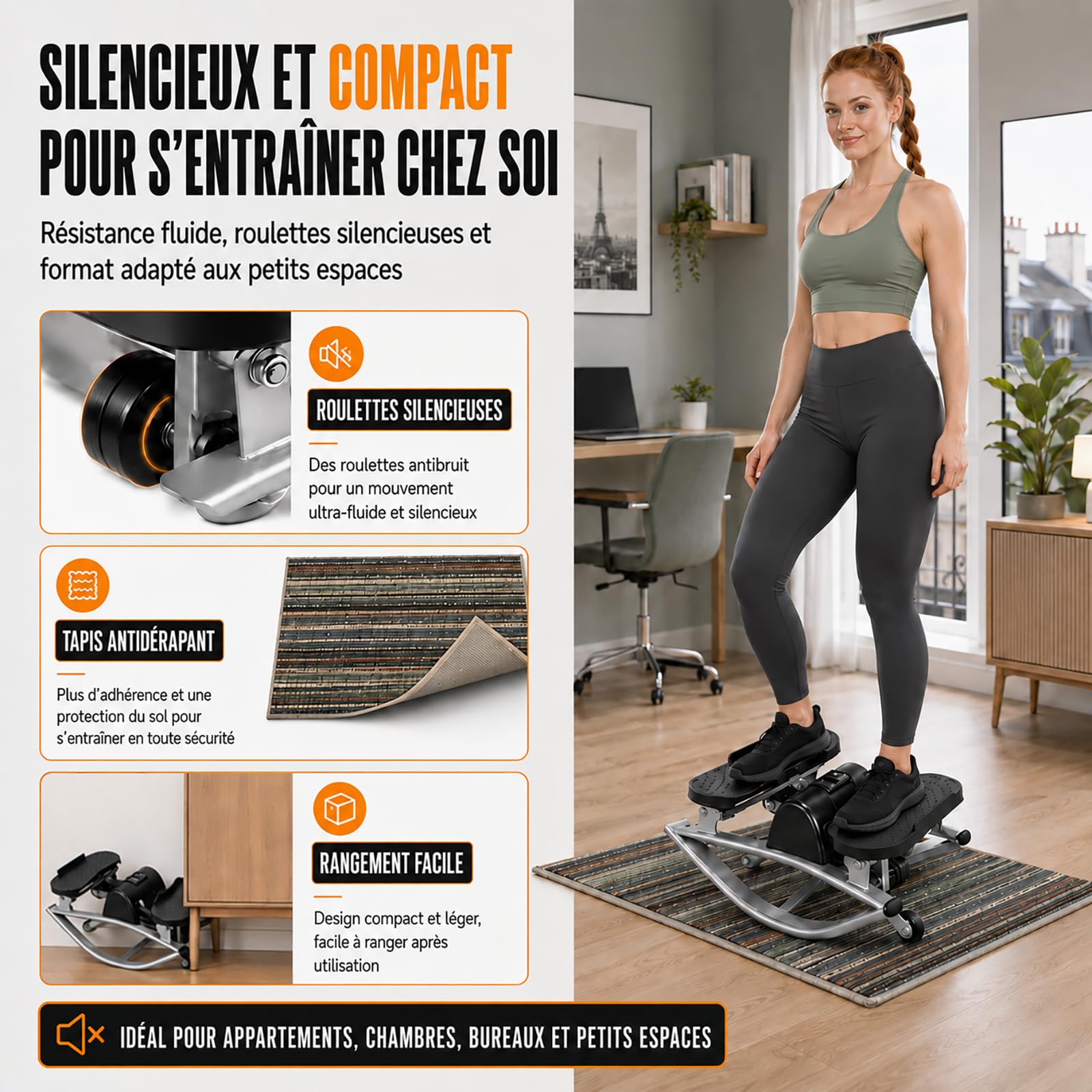 Aparato de fitness Stepper de apartamento con elásticos, Stepper lateral silencioso para entrenamiento cardio y culturismo, sin montaje, 113 kg